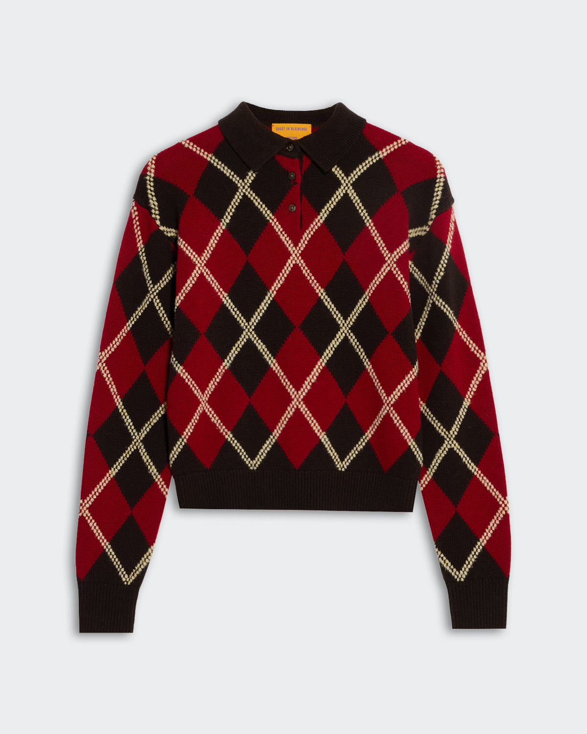 Collegiate Argyle Polo - Burnt Cocoa Combo with red, black, and cream argyle pattern and black collar long sleeves