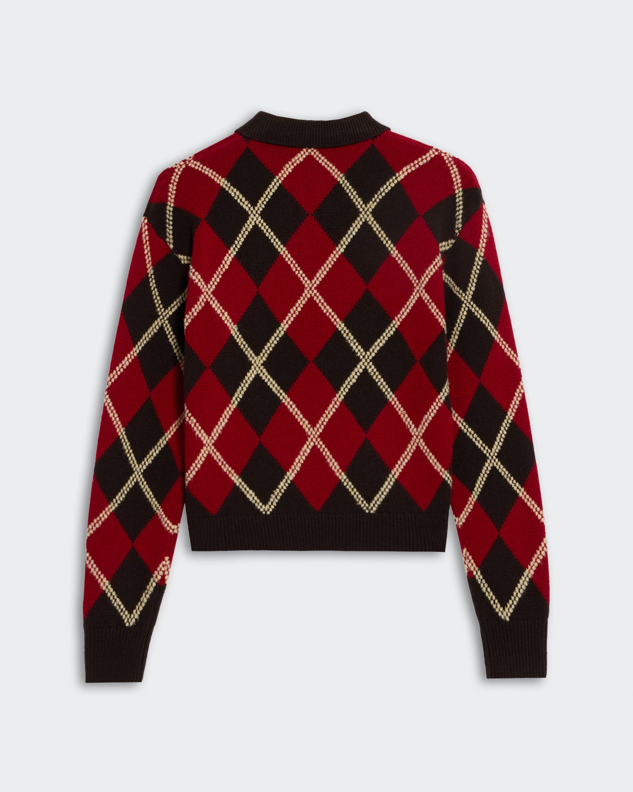 Collegiate Argyle Polo - Burnt Cocoa Combo with classic red and black argyle pattern and cream diamond accents on back view