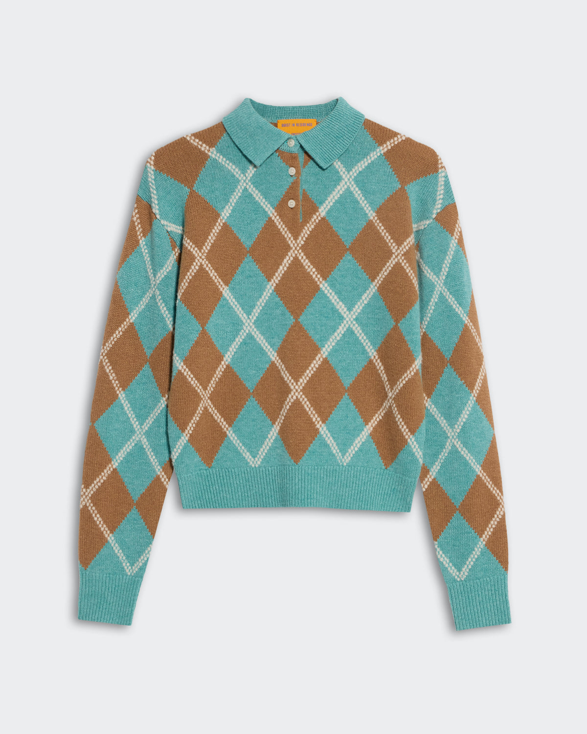 Collegiate Argyle Polo - Glacier Combo with brown and blue argyle pattern and long sleeves on a gray background