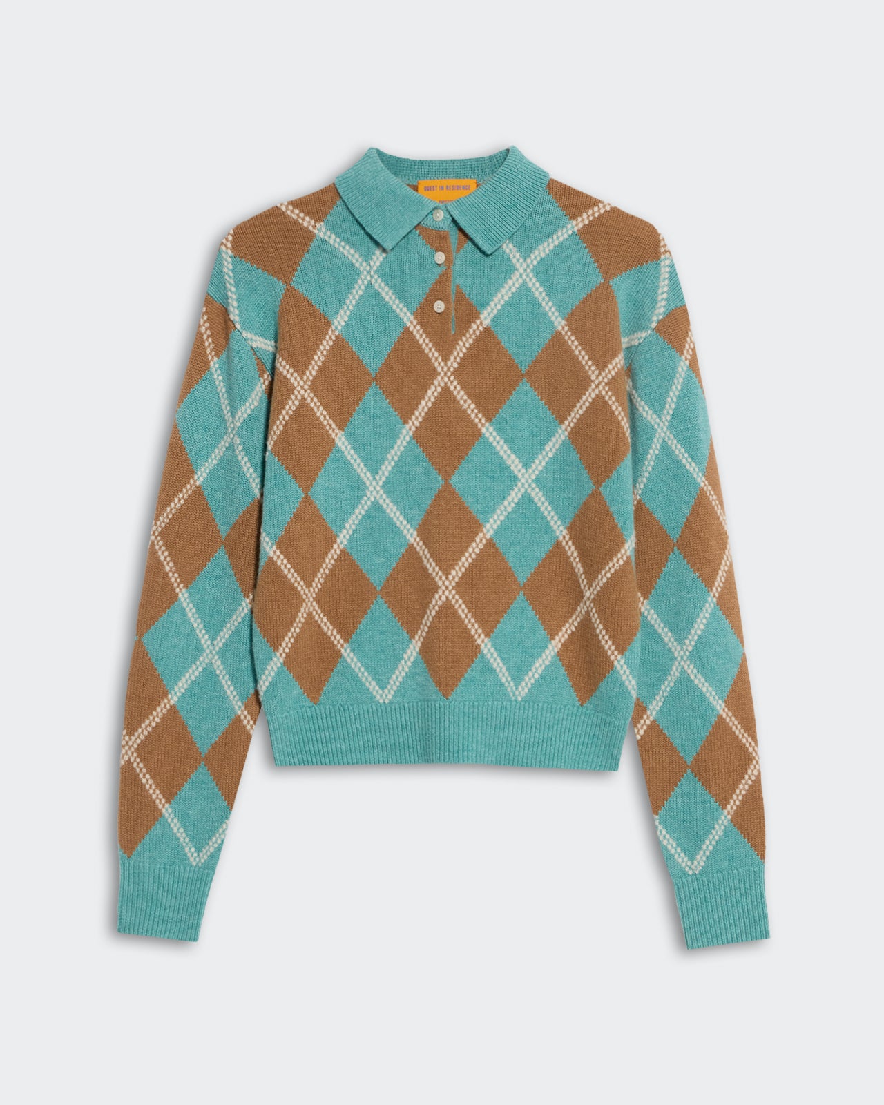 Collegiate Argyle Polo - Glacier Combo with brown and blue argyle pattern and long sleeves on a gray background