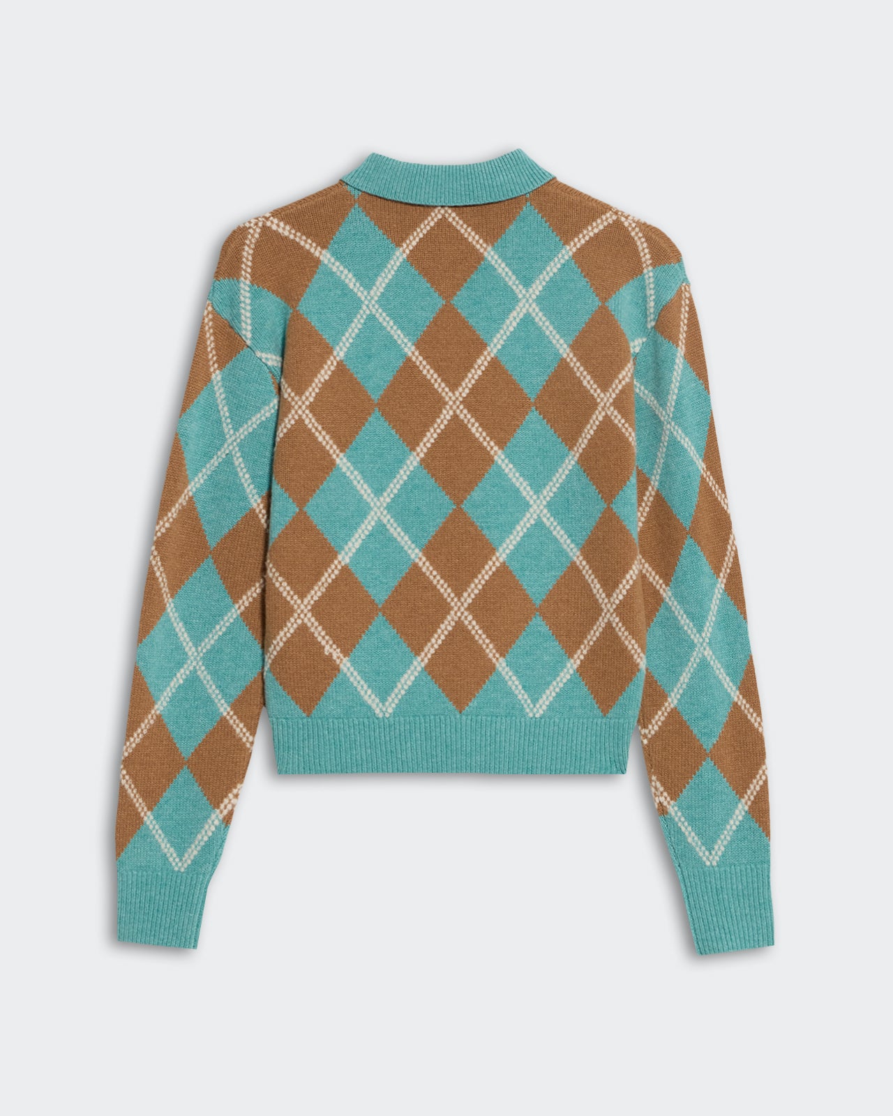 Collegiate Argyle Polo - Glacier Combo with turquoise and brown argyle pattern and ribbed collar and cuffs shown from back