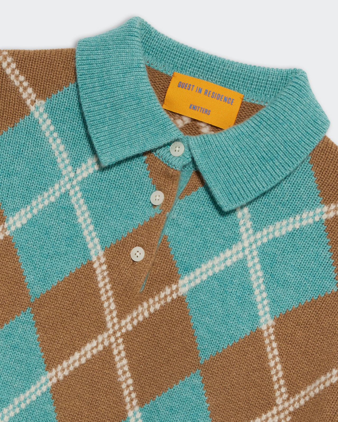 Collegiate Argyle Polo - Glacier Combo in brown and blue argyle pattern with blue collar and white buttons.