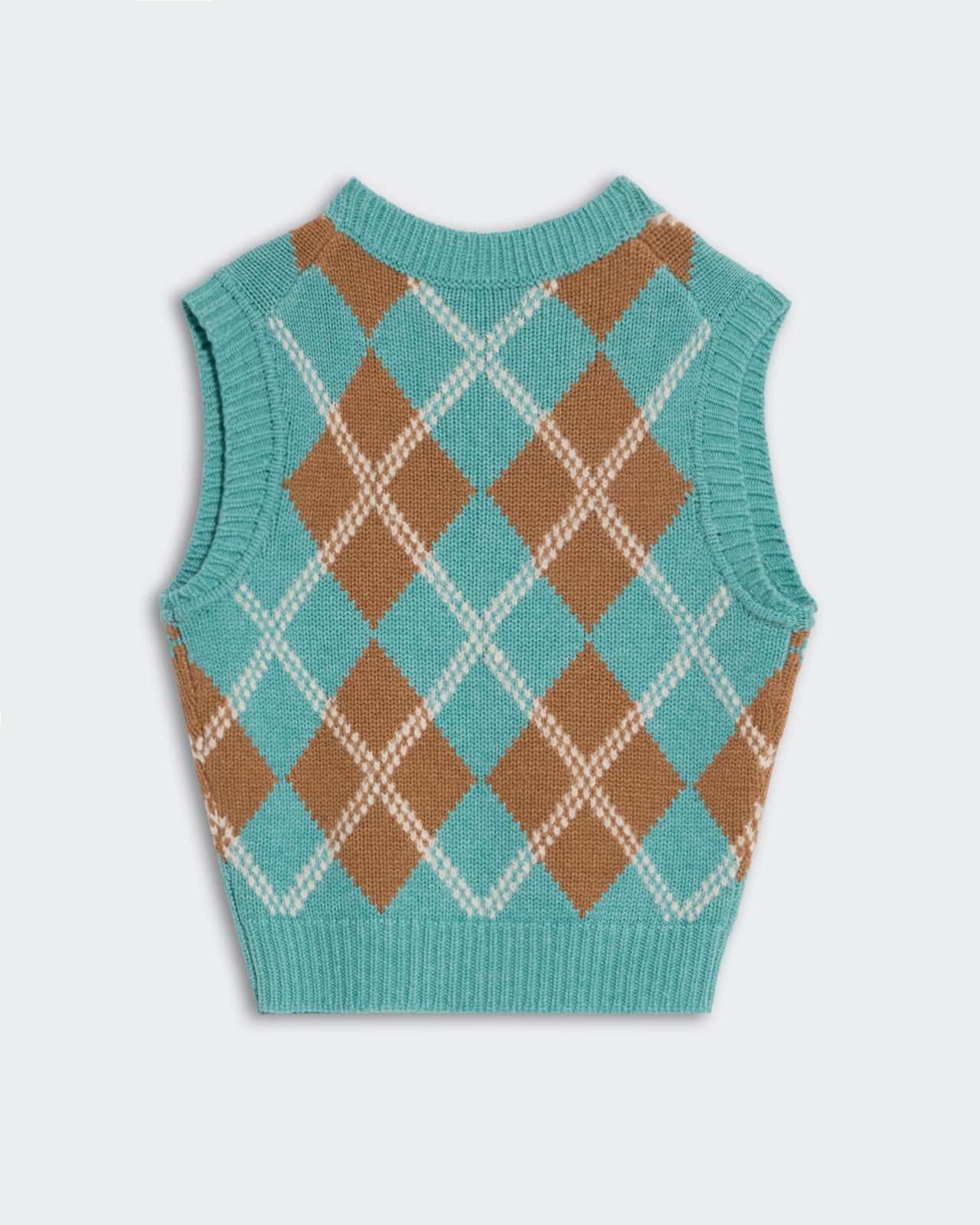 Argyle Vest - Glacier Combo sleeveless knit with turquoise and brown diamond pattern and ribbed edges