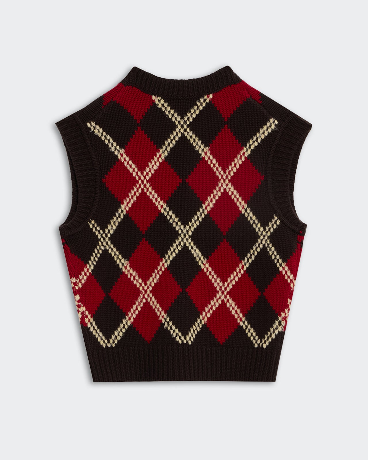 Argyle Vest - Burnt Cocoa Combo with red and cream diamond pattern knitted sleeveless sweater vest