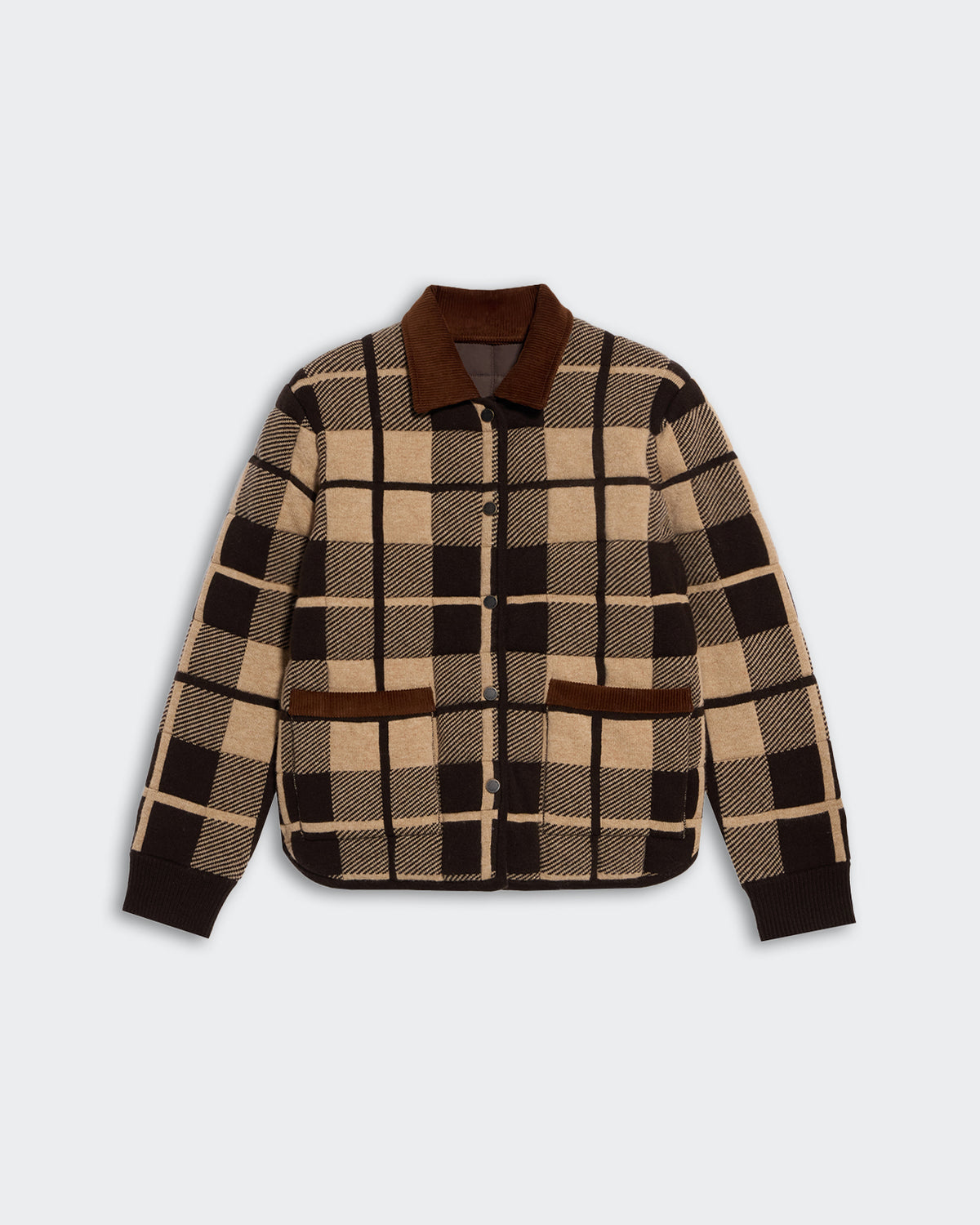Quilted Plaid Liner Jacket - Burnt Cocoa Combo with button front, brown collar, and checkered pattern on beige background
