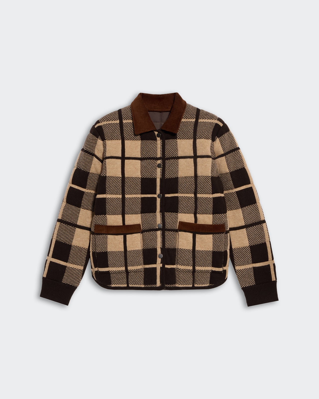Quilted Plaid Liner Jacket - Burnt Cocoa Combo with button front, brown collar, and checkered pattern on beige background