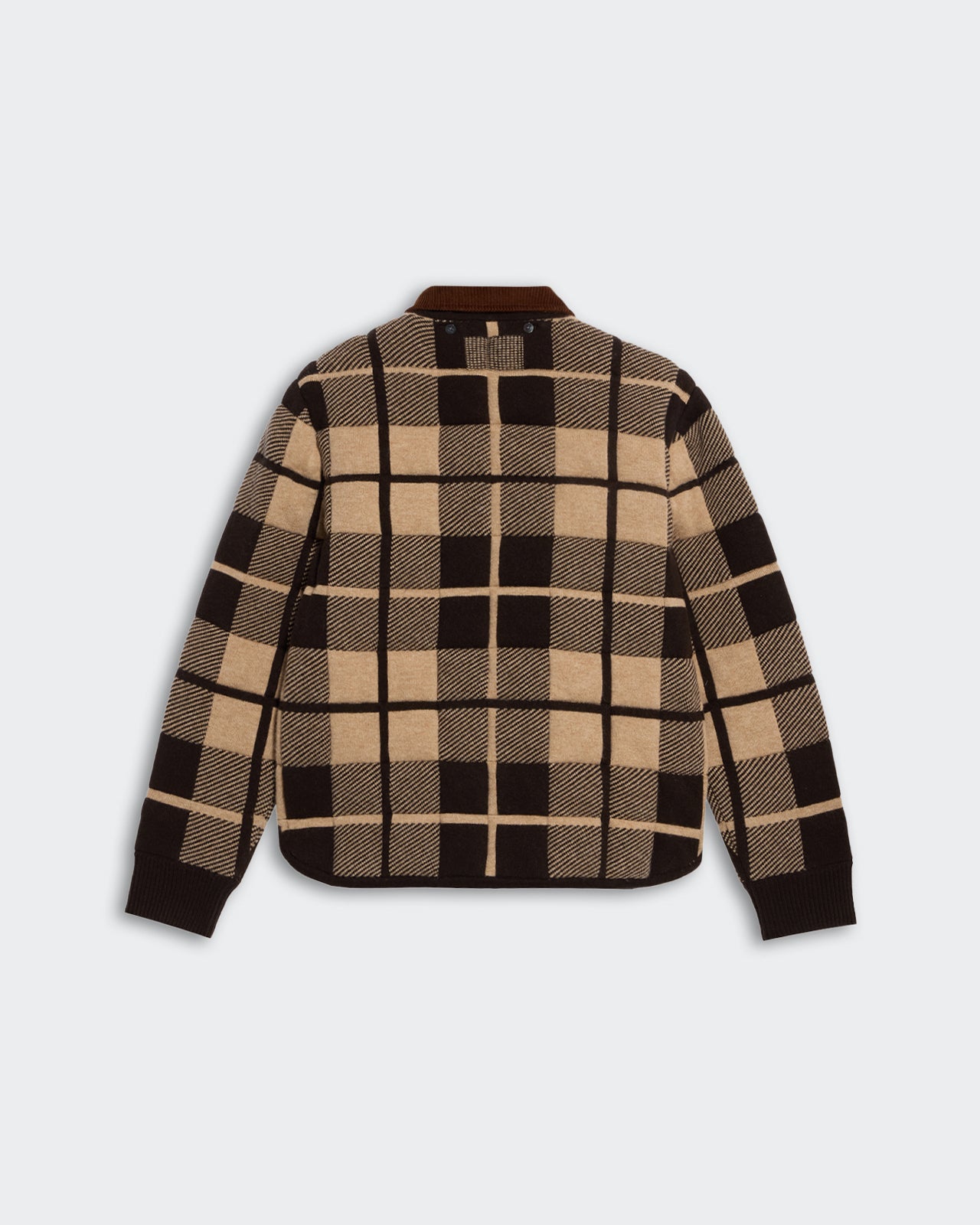 Quilted Plaid Liner Jacket - Burnt Cocoa Combo shown from the back with large plaid pattern in brown tones.