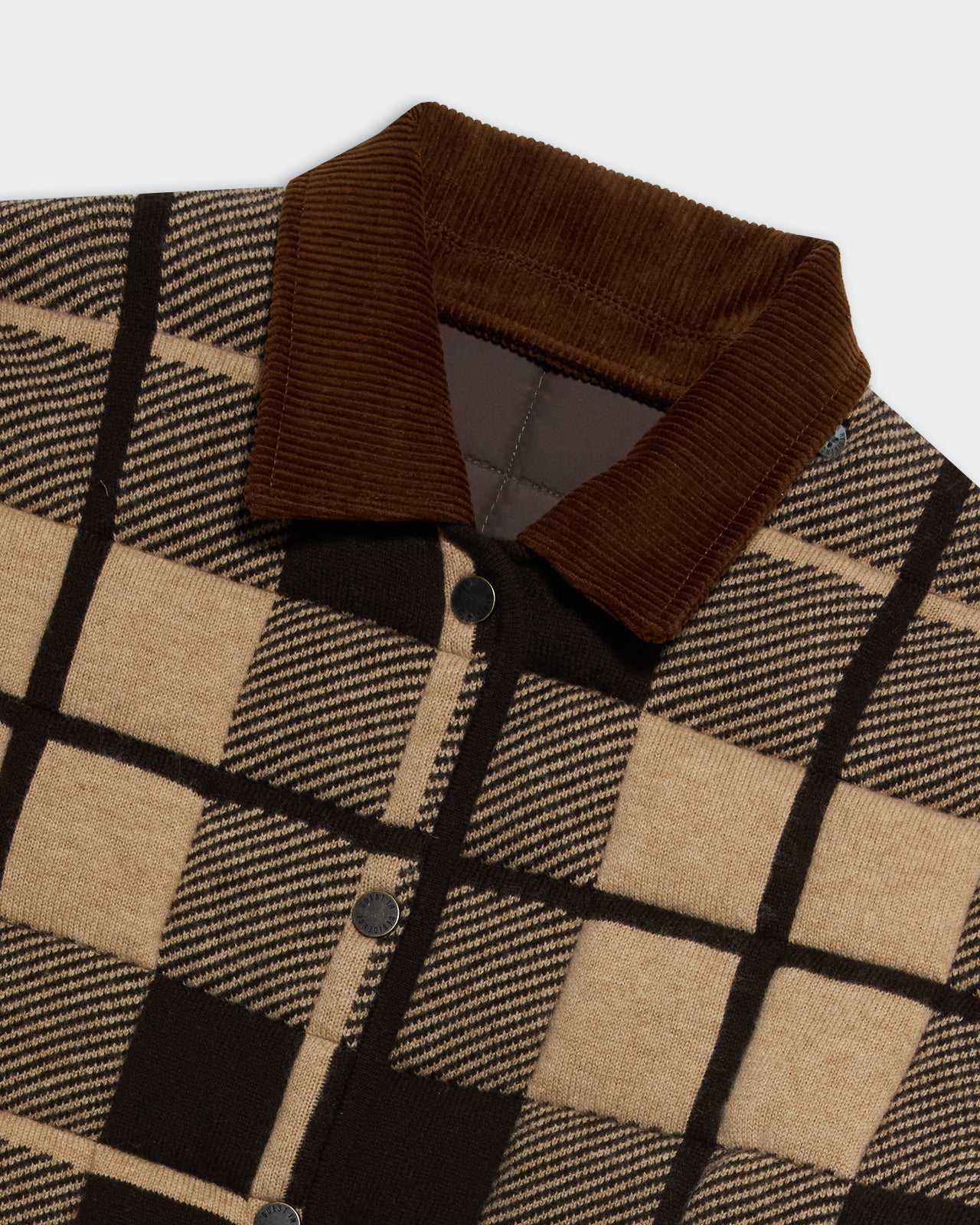 Close-up of the Quilted Plaid Liner Jacket Burnt Cocoa Combo showing collar and button details.