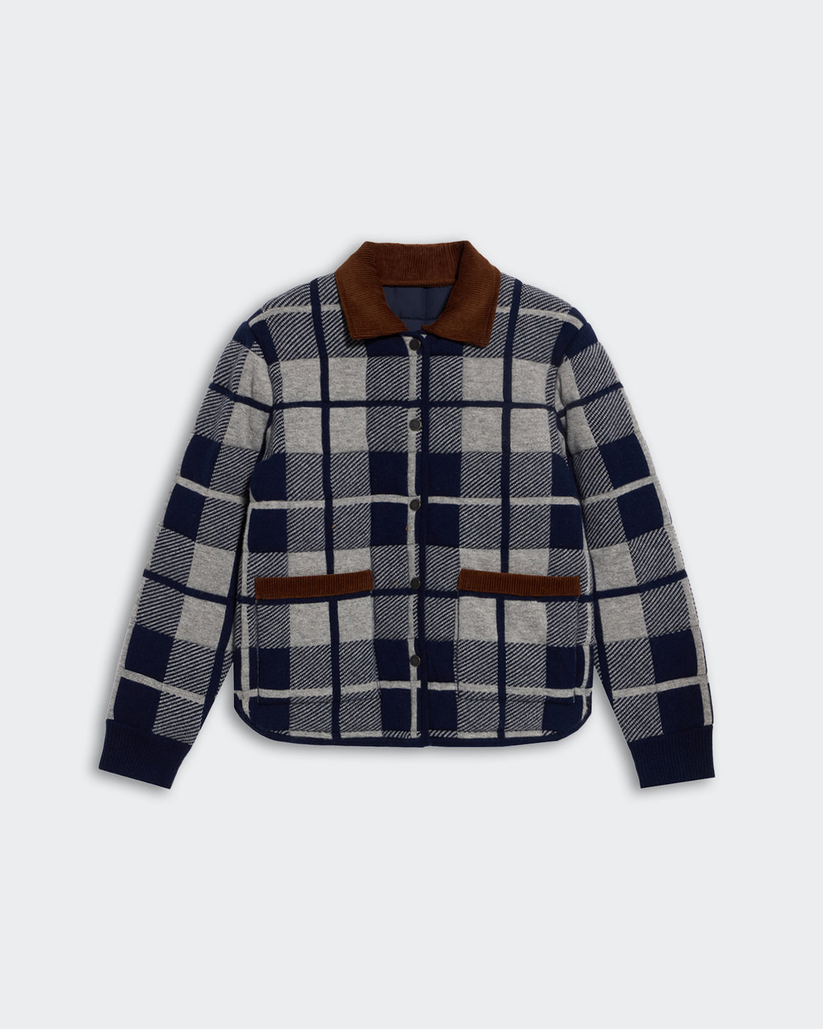 Quilted Plaid Liner Jacket - Midnight Combo with navy and gray check pattern and brown collar and pocket accents.