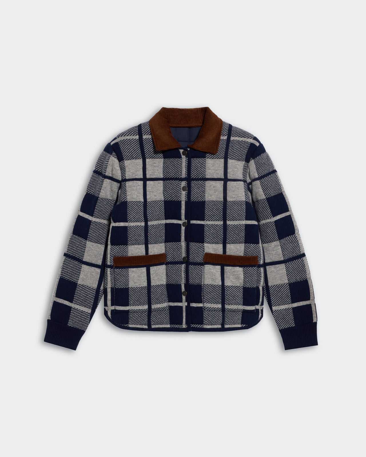 Quilted Plaid Liner Jacket - Midnight Combo with navy and gray check pattern and brown collar and pocket accents.
