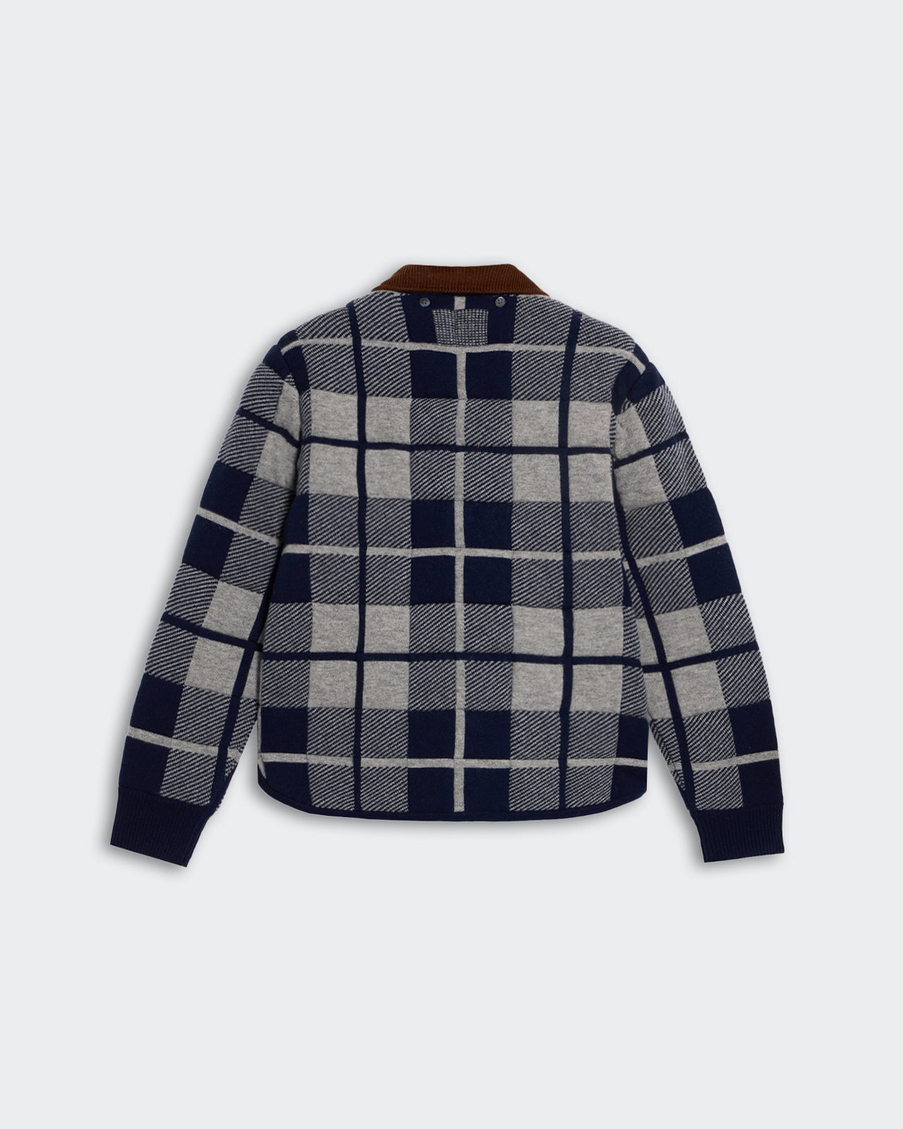 Quilted Plaid Liner Jacket - Midnight Combo shown from the back in navy and gray plaid pattern with brown collar.