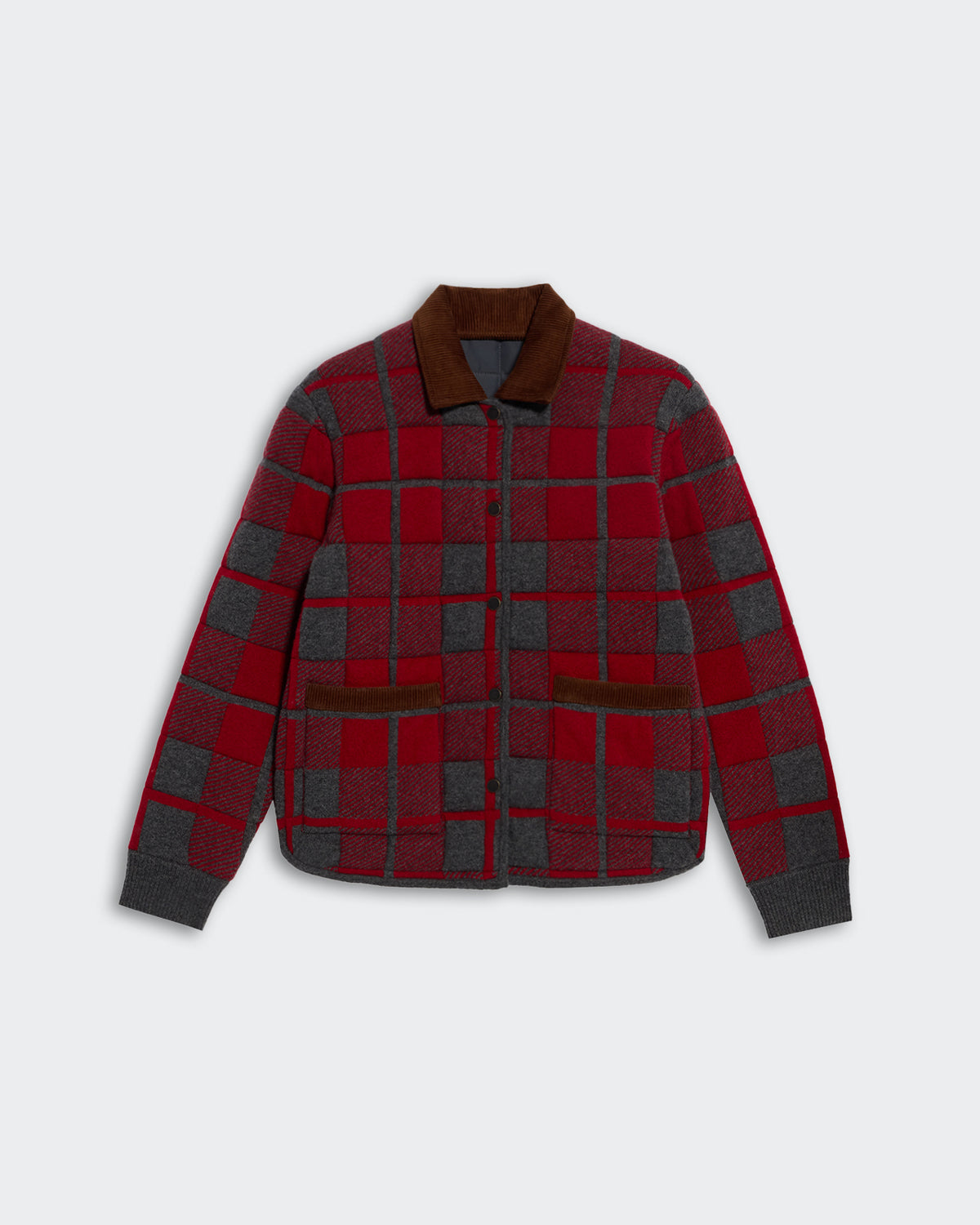 Quilted Plaid Liner Jacket - Ruby Combo in red and gray plaid pattern with brown collar and two front pockets
