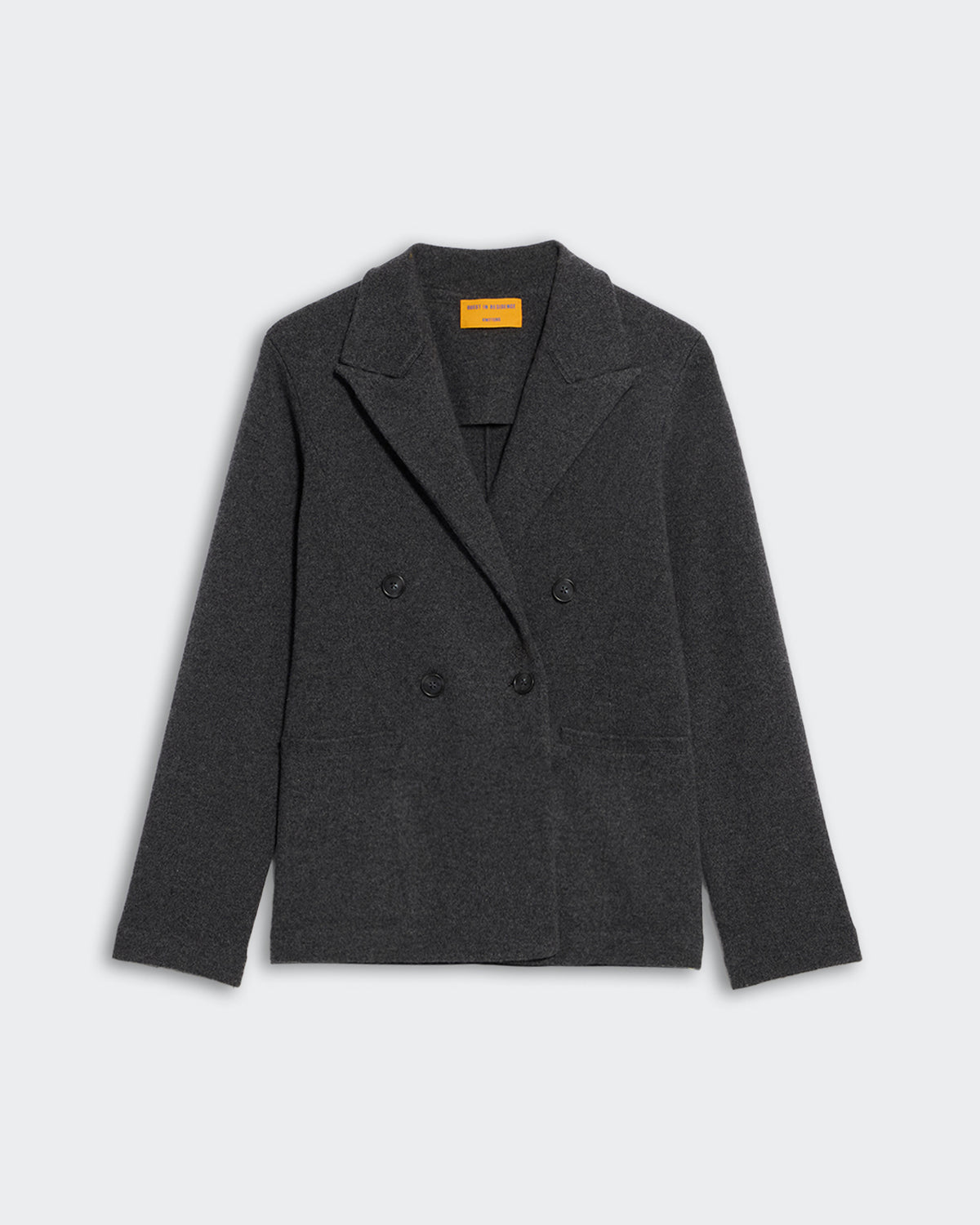 Tailored Blazer - Charcoal, double-breasted design, soft fabric, classic lapel collar, long sleeves, modern fit for formal wear.