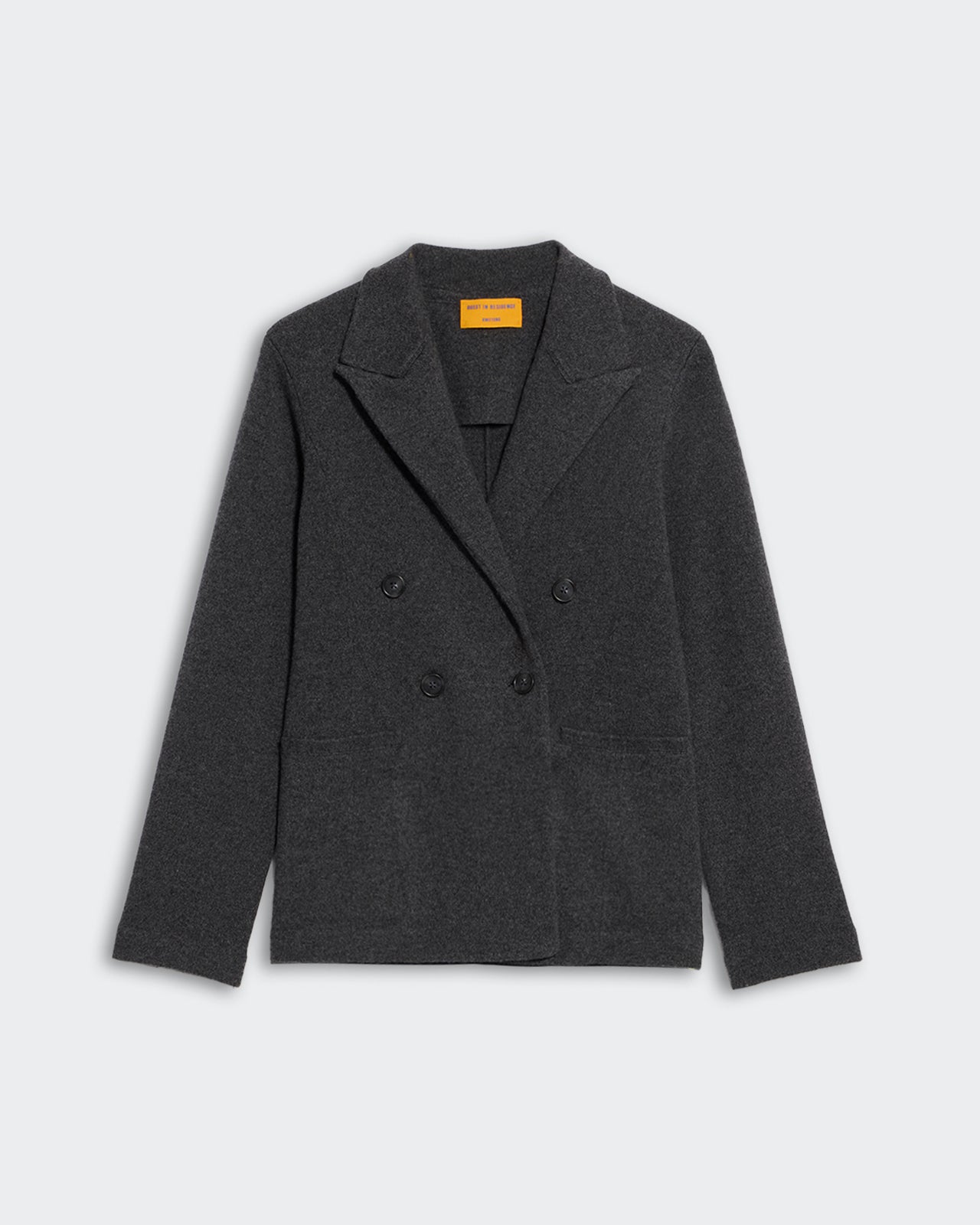 Tailored Blazer - Charcoal, double-breasted design, soft fabric, classic lapel collar, long sleeves, modern fit for formal wear.