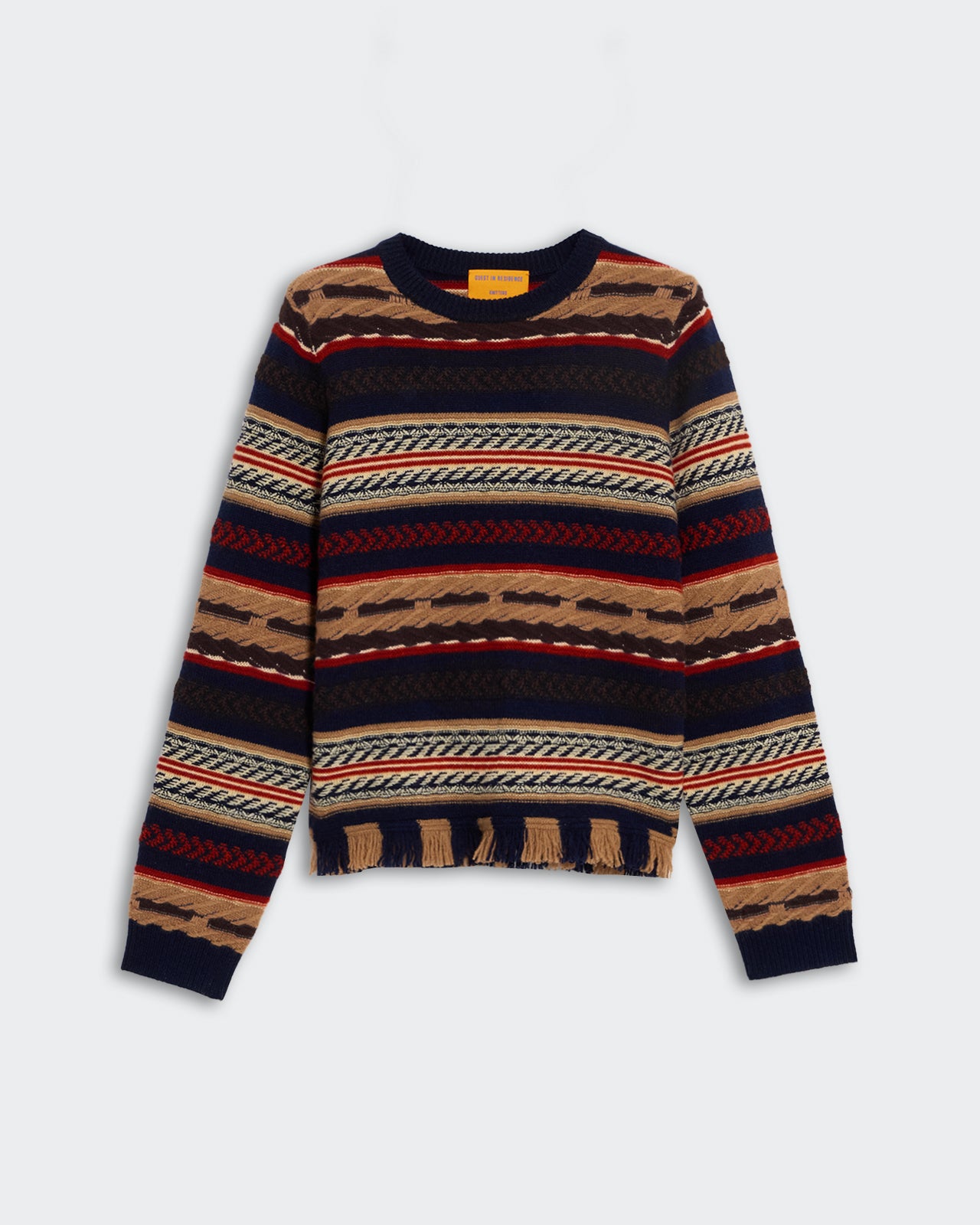 Western Stripe Crew - Midnight Combo sweater with navy, brown, red, and beige horizontal stripes and fringe hem detail