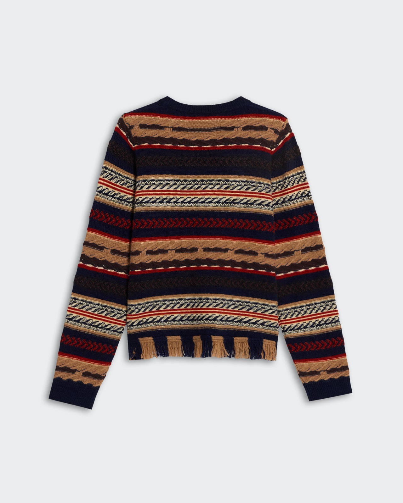 Western Stripe Crew - Midnight Combo long sleeve sweater with navy, red, beige striped pattern laid flat on gray background