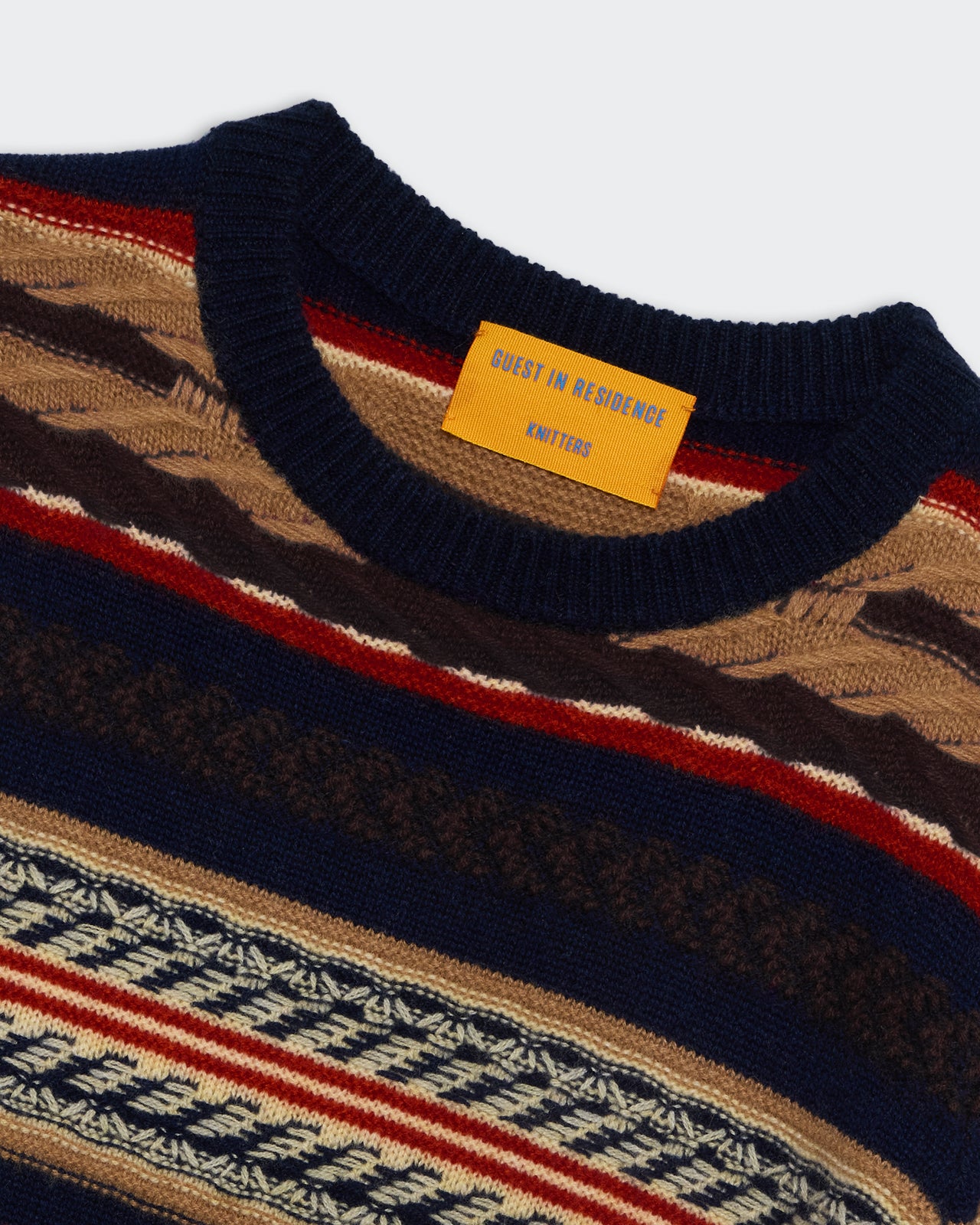 Western Stripe Crew - Midnight Combo sweater with multicolor horizontal stripes and crew neckline close-up view