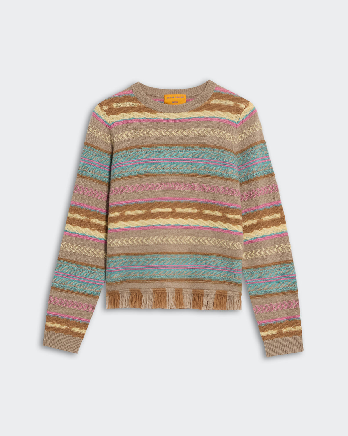 Western Stripe Crew - Taupe Combo sweater with multicolor horizontal stripes and fringe detail at hem