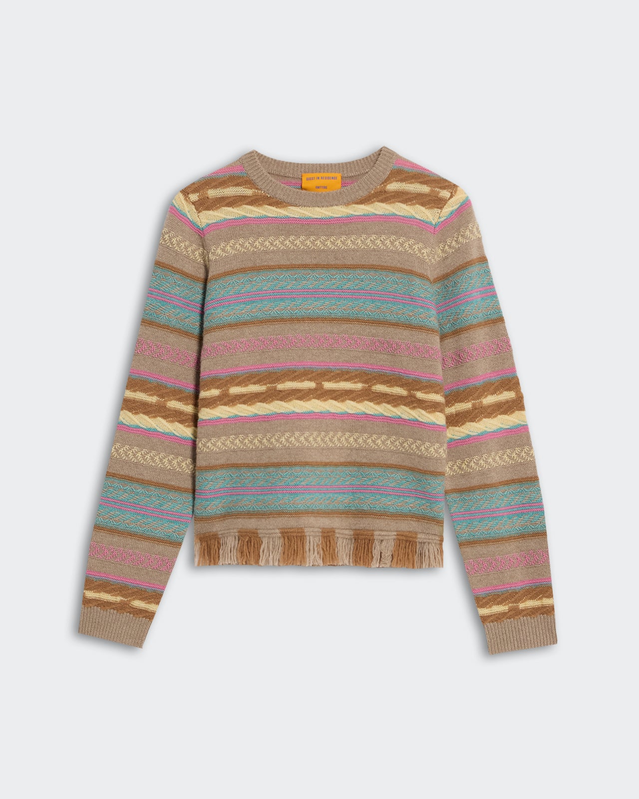 Western Stripe Crew - Taupe Combo sweater with multicolor horizontal stripes and fringe detail at hem