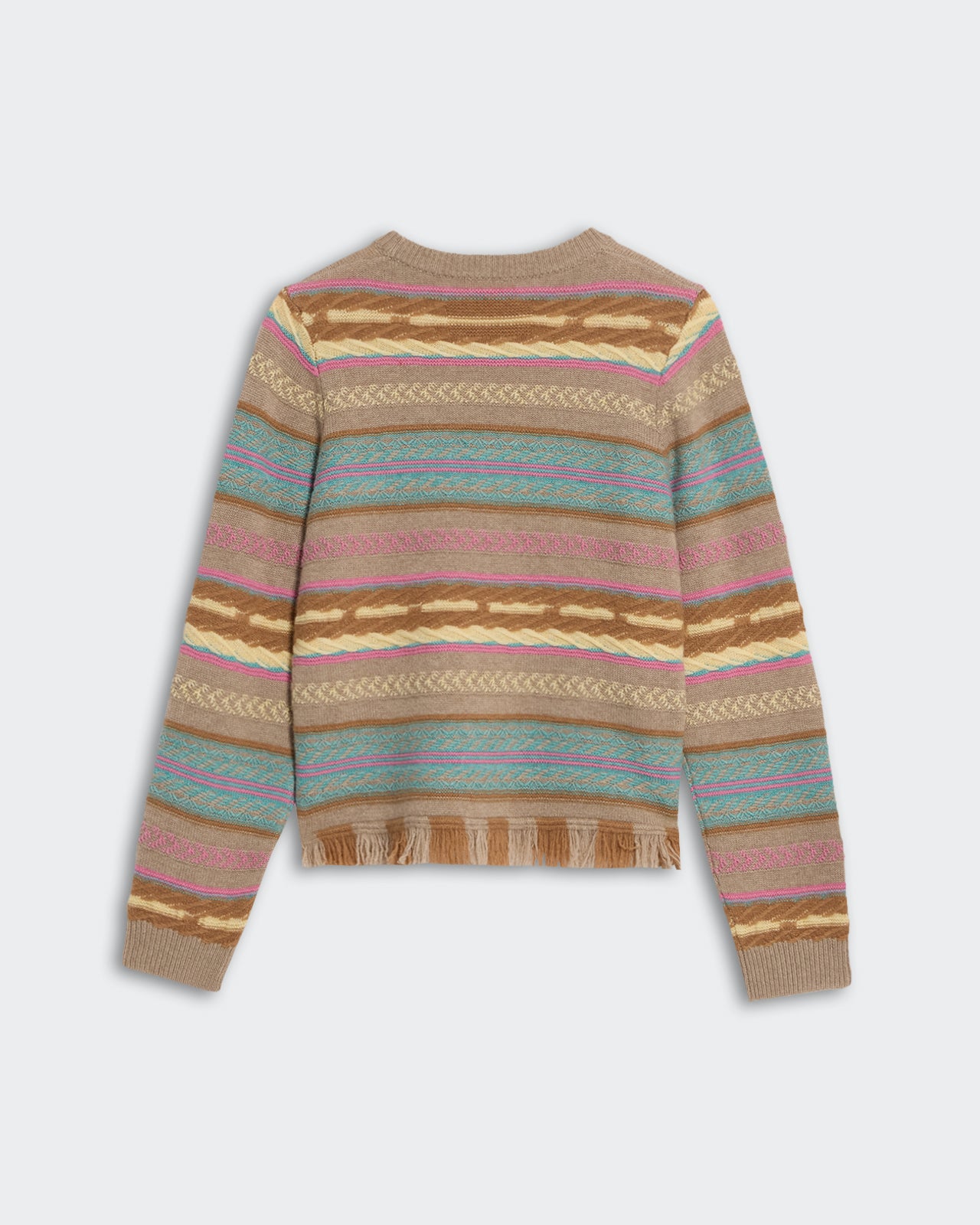 Western Stripe Crew - Taupe Combo sweater with colorful horizontal stripes and textured knit pattern shown from back
