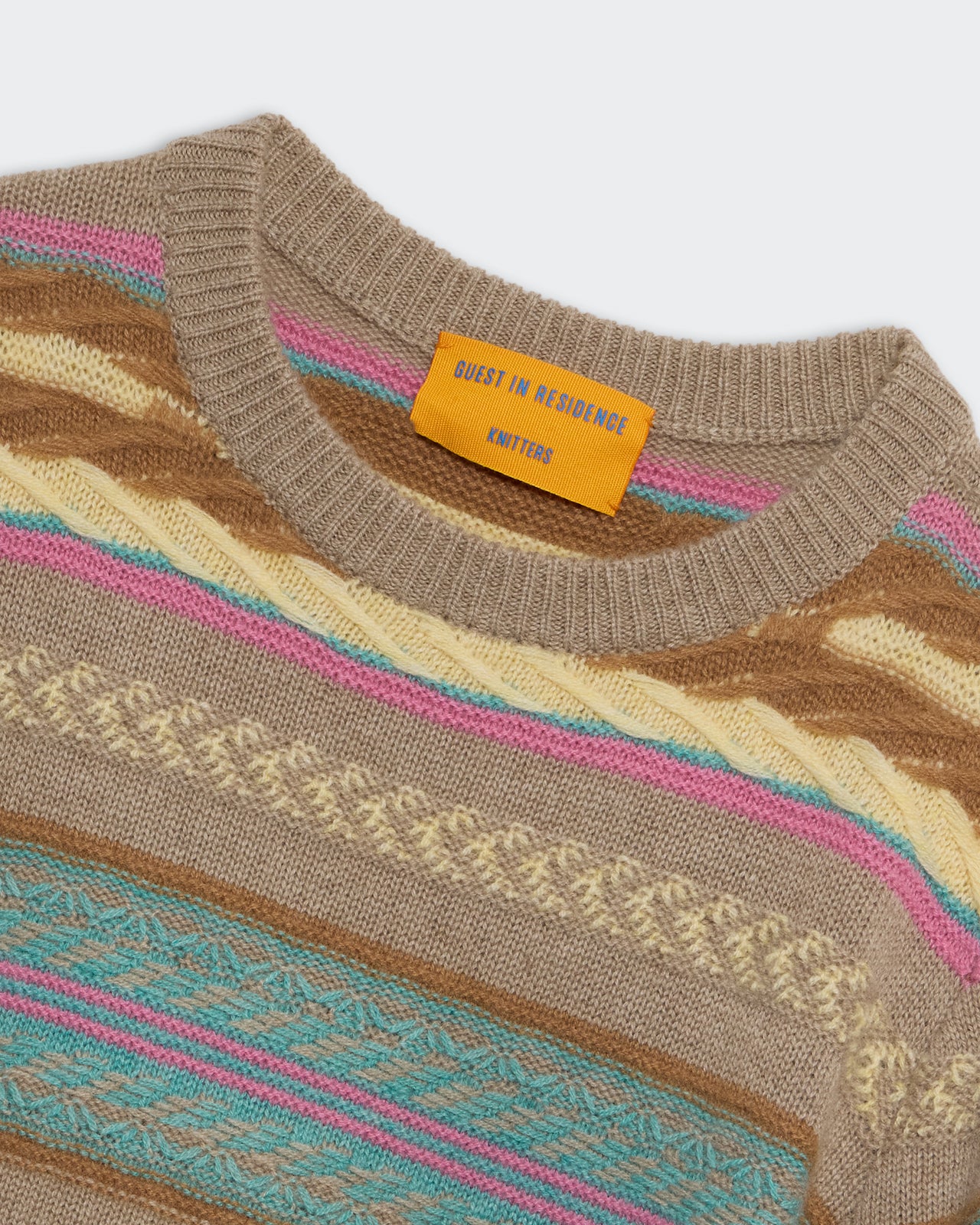Western Stripe Crew - Taupe Combo sweater close-up showing knit pattern and ribbed neckline with label inside