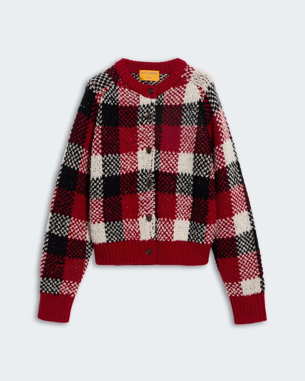 Buffalo Plaid Cardigan - Ruby Combo with red, black, and white checkered pattern and button-down front design.