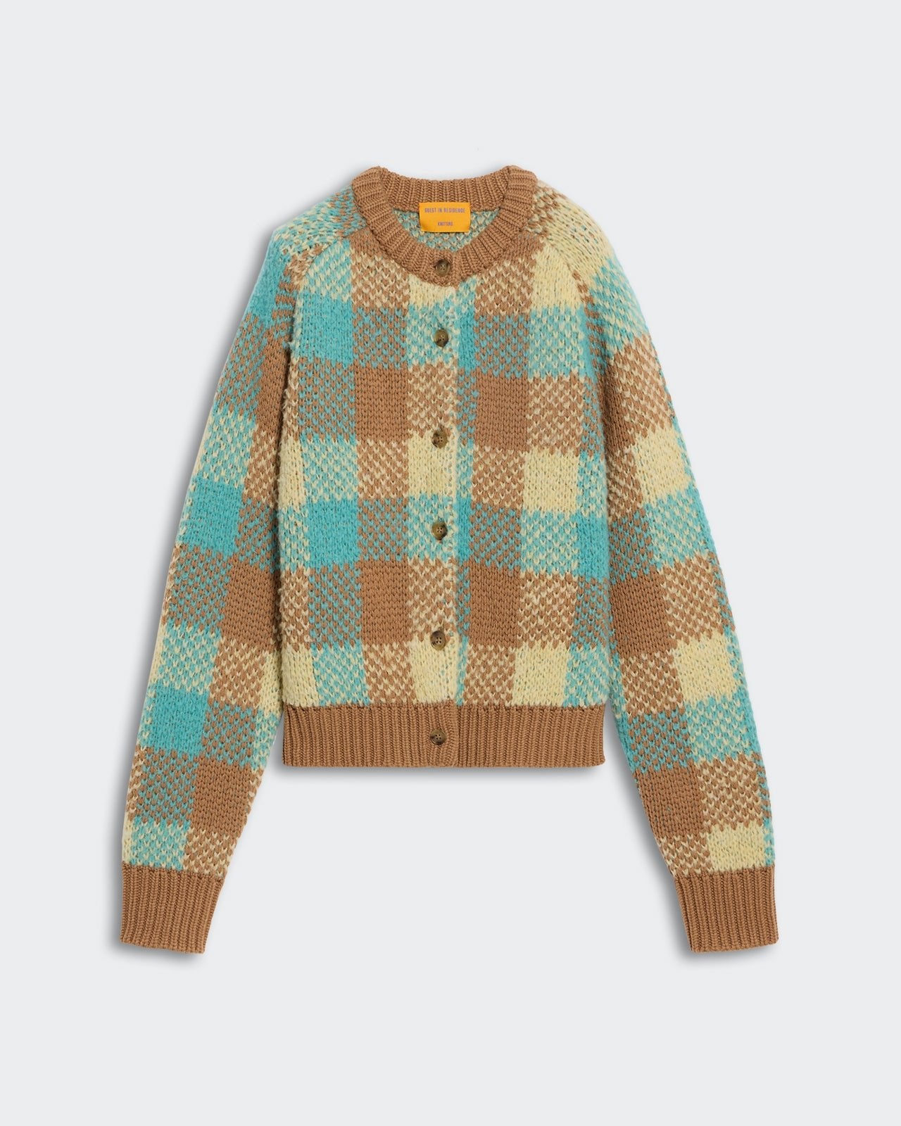 Buffalo Plaid Cardigan - Glacier Combo with blue, brown, and cream checkered pattern and button closure on white background