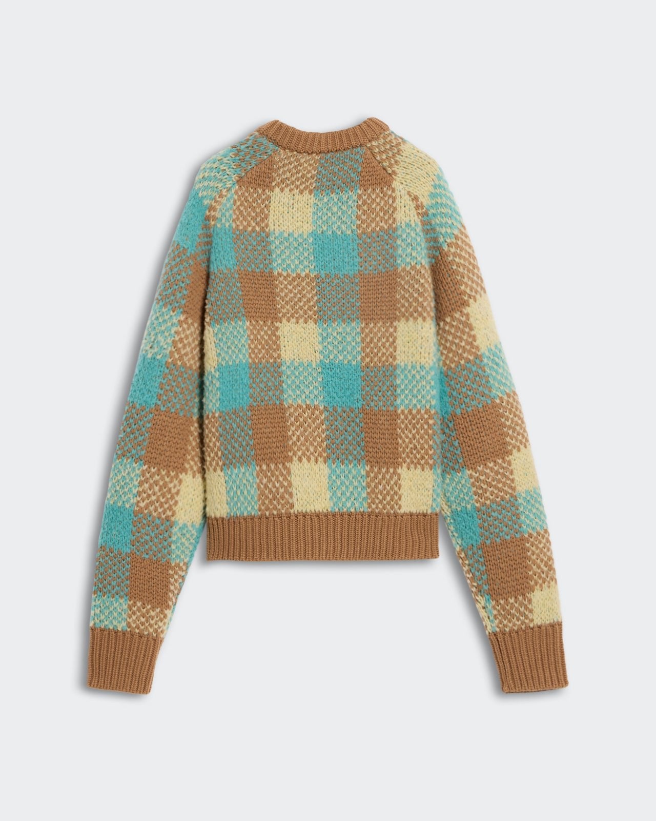 Buffalo Plaid Cardigan - Glacier Combo with blue, brown, and cream plaid knit, ribbed cuffs and hem, back view.