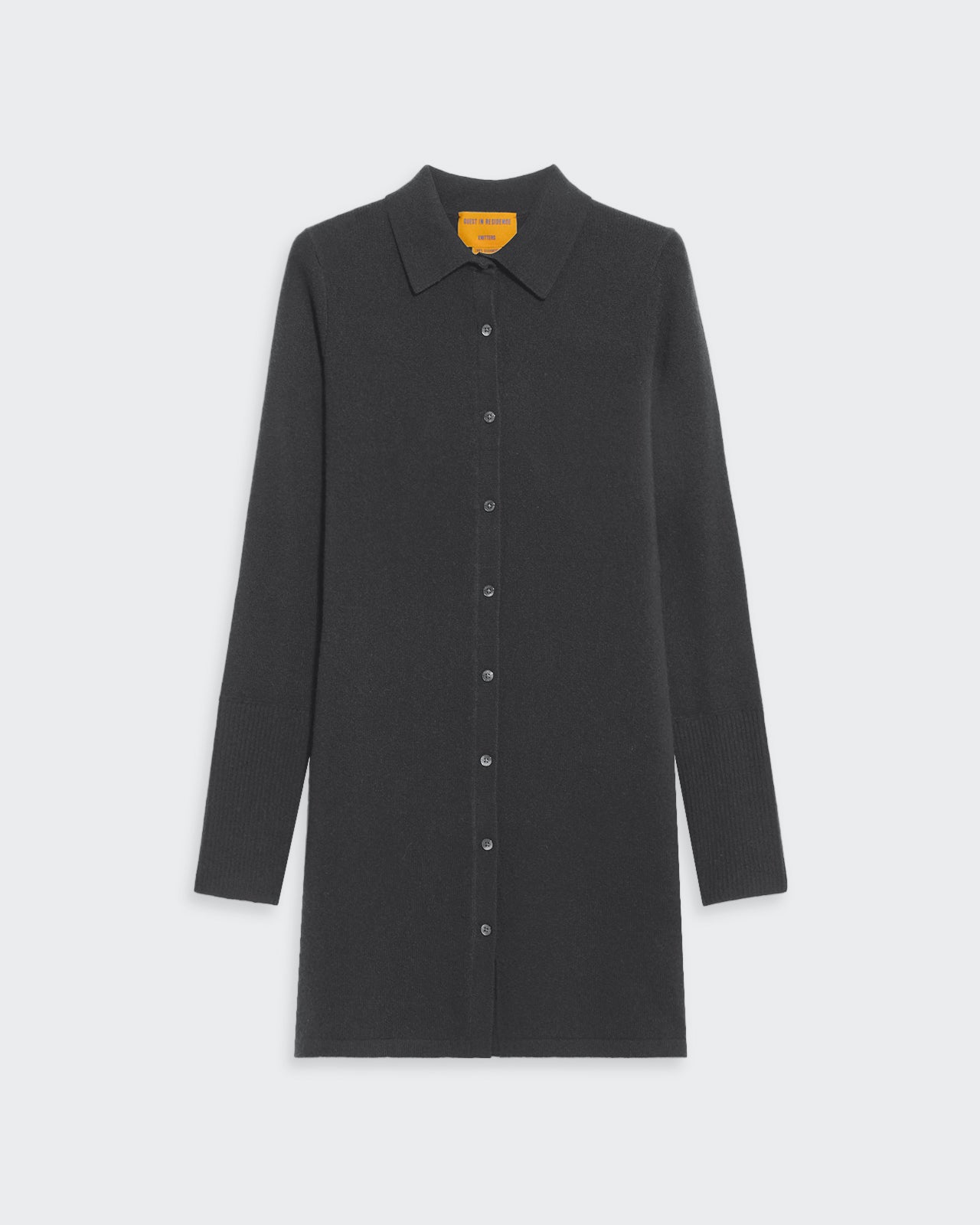 Mini Showtime Shirt Dress - Charcoal, lightweight cashmere jersey mini dress with button front and rib-knit cuffs.