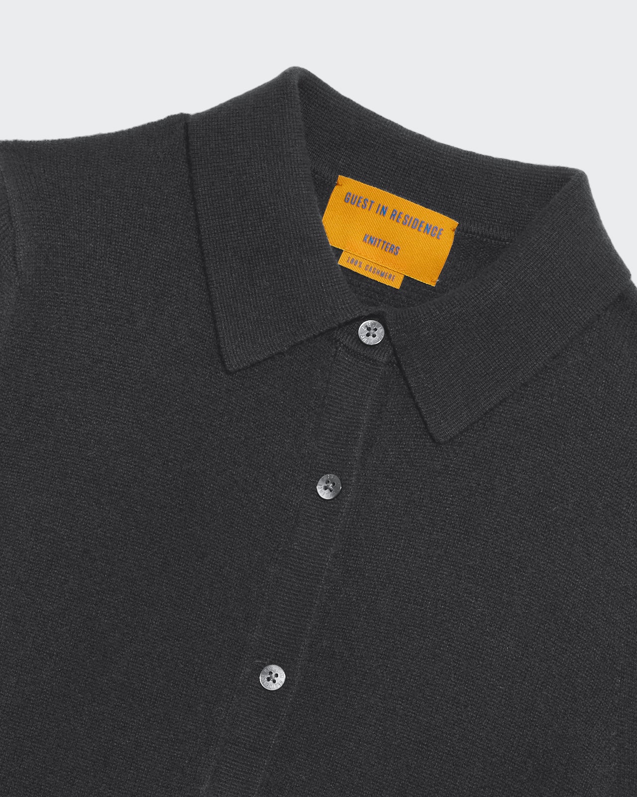 Mini Showtime Shirt Dress - Charcoal close-up of cashmere jersey shirt dress collar and buttons with knit texture