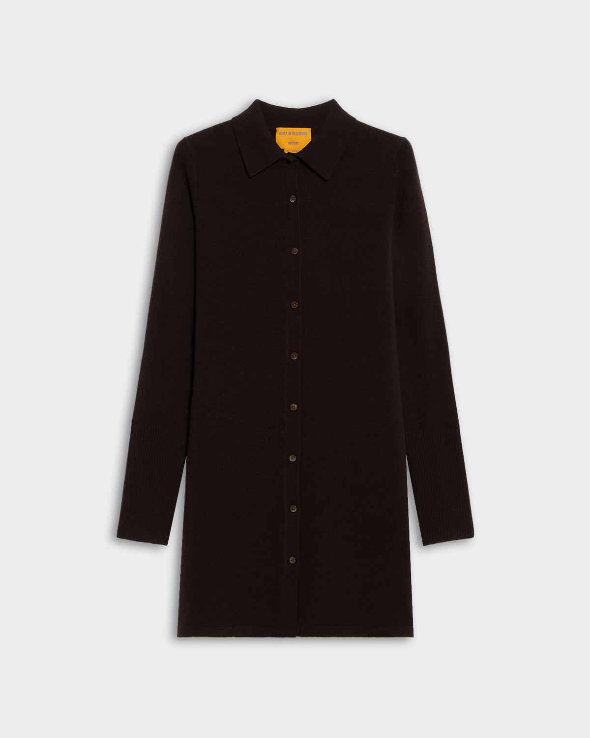 Mini Showtime Shirt Dress Burnt Cocoa in lightweight 100% cashmere with button closure and classic collar.