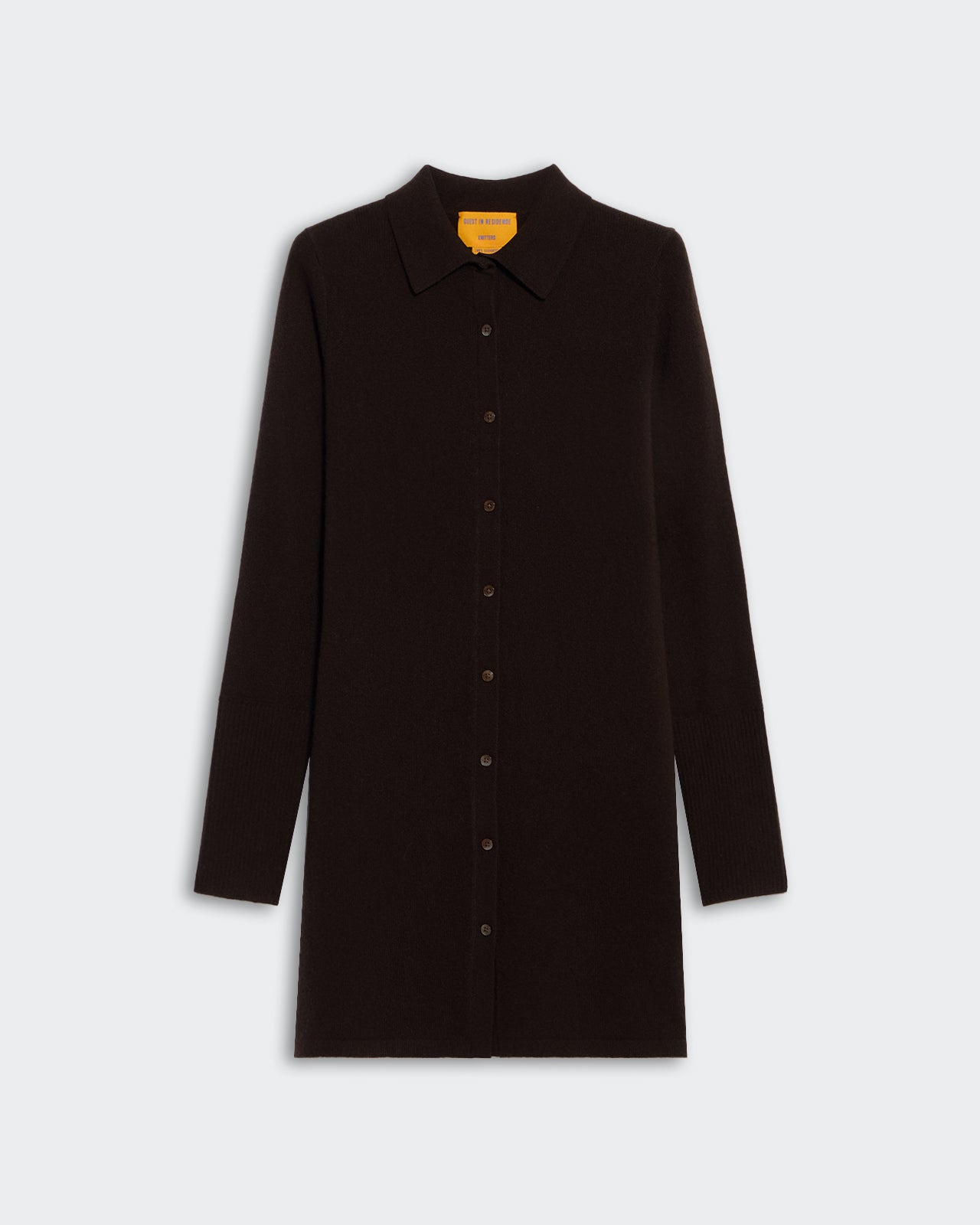 Mini Showtime Shirt Dress Burnt Cocoa in lightweight 100% cashmere with button closure and classic collar.