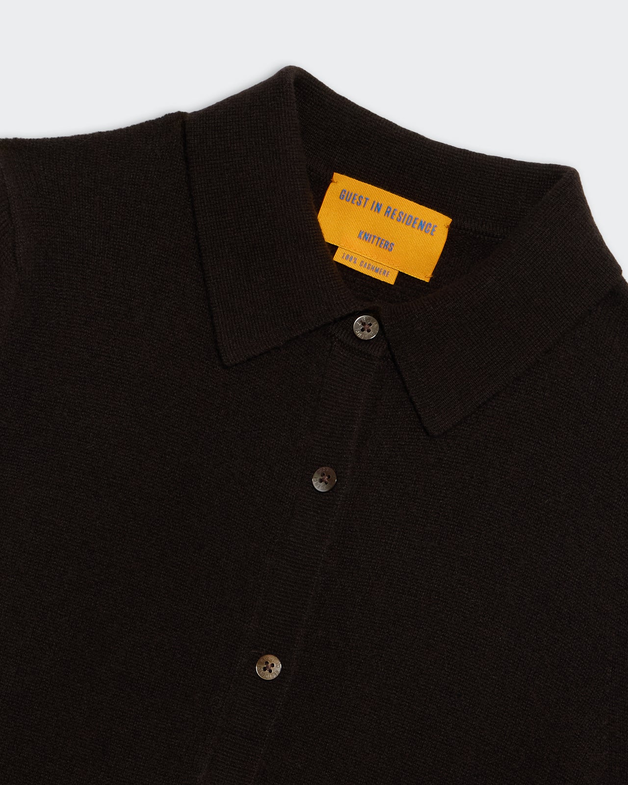 Mini Showtime Shirt Dress Burnt Cocoa close-up of classic collar and front button closure in cashmere jersey knit