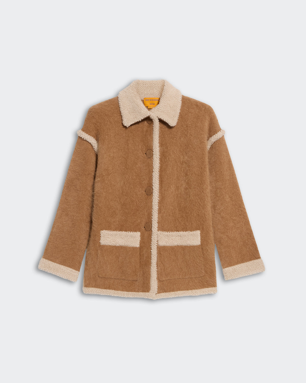 Grizzly Jacket - Almond/Oatmeal in soft textured fabric with contrast trim and button closure, cozy winter outerwear option.