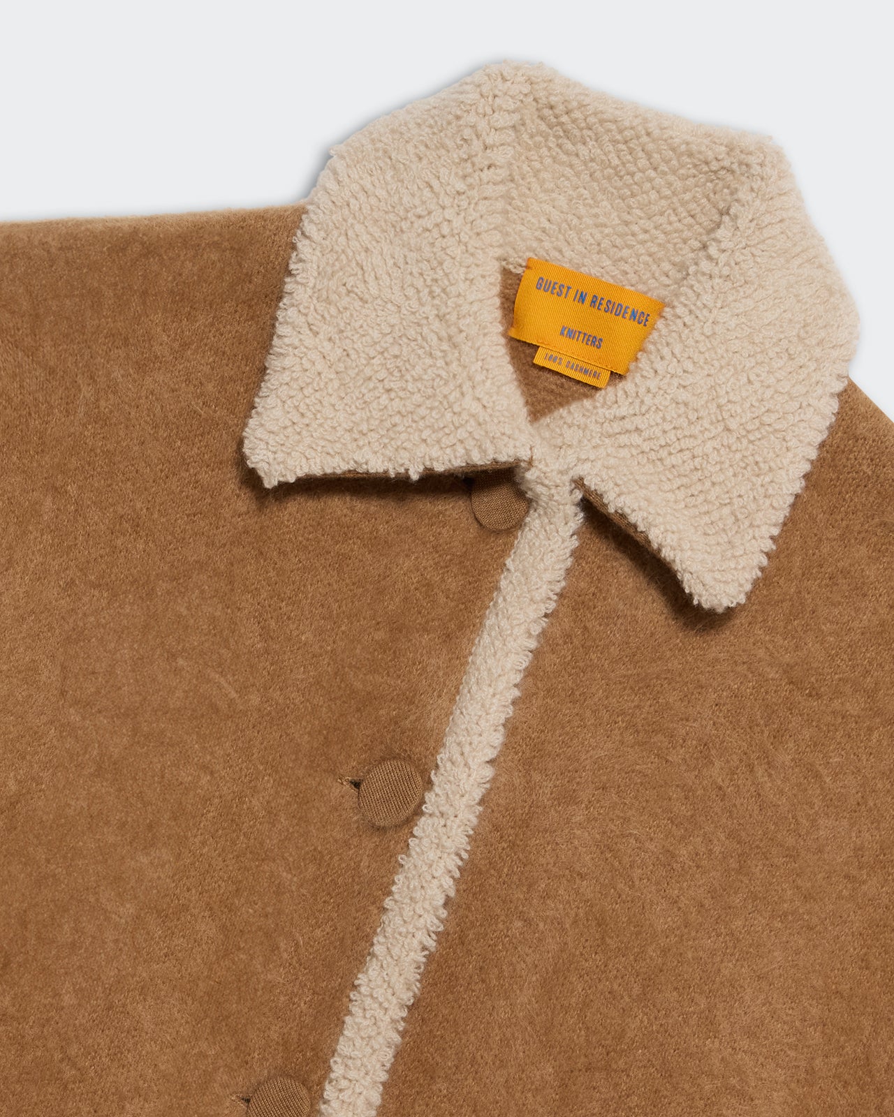 Grizzly Jacket - Almond/Oatmeal with warm textured wool and contrasting soft cream collar detail close-up view.