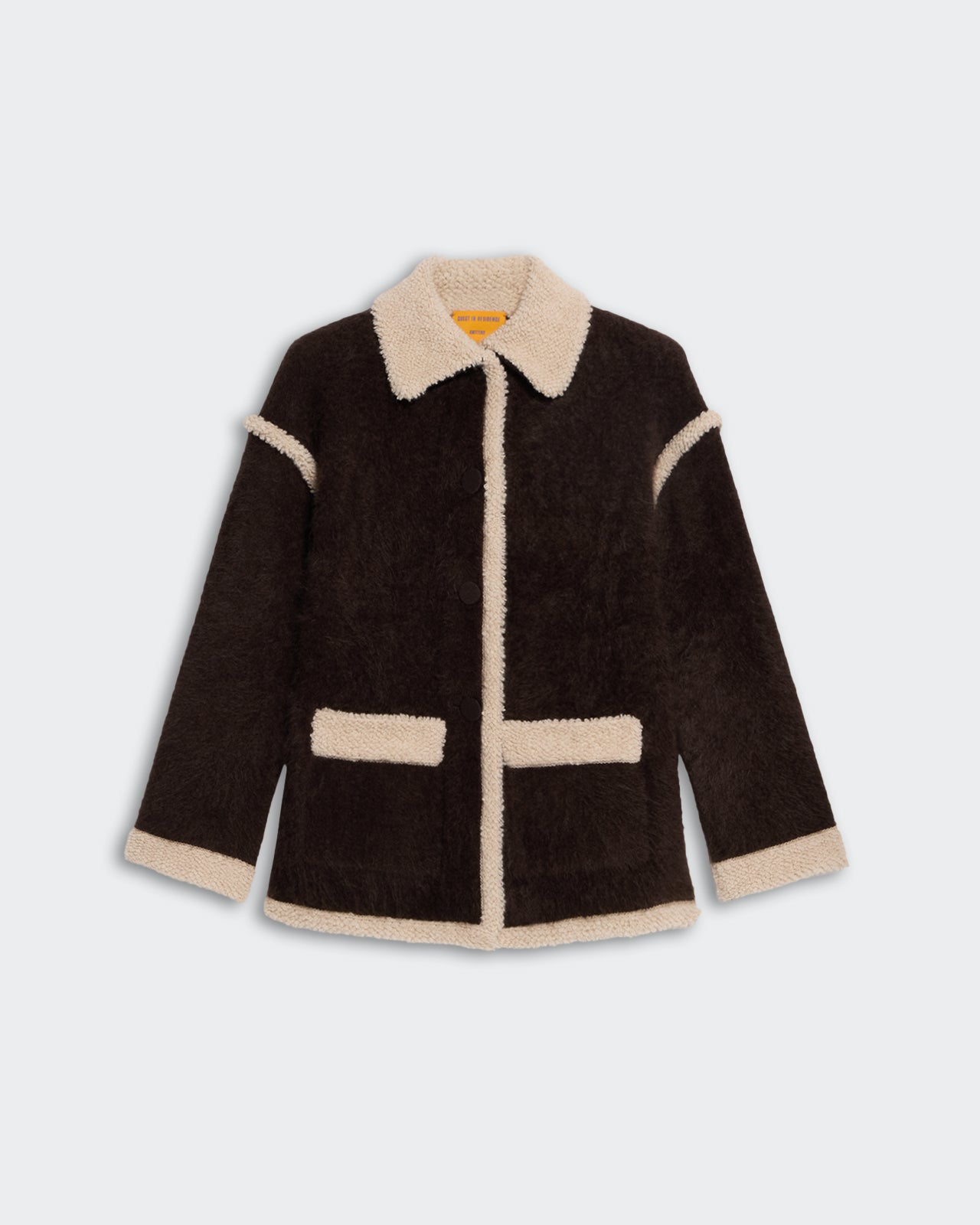 Grizzly Jacket - Burnt Cocoa/Oatmeal with fluffy cream collar, cuffs, pockets, and trim on dark brown body.