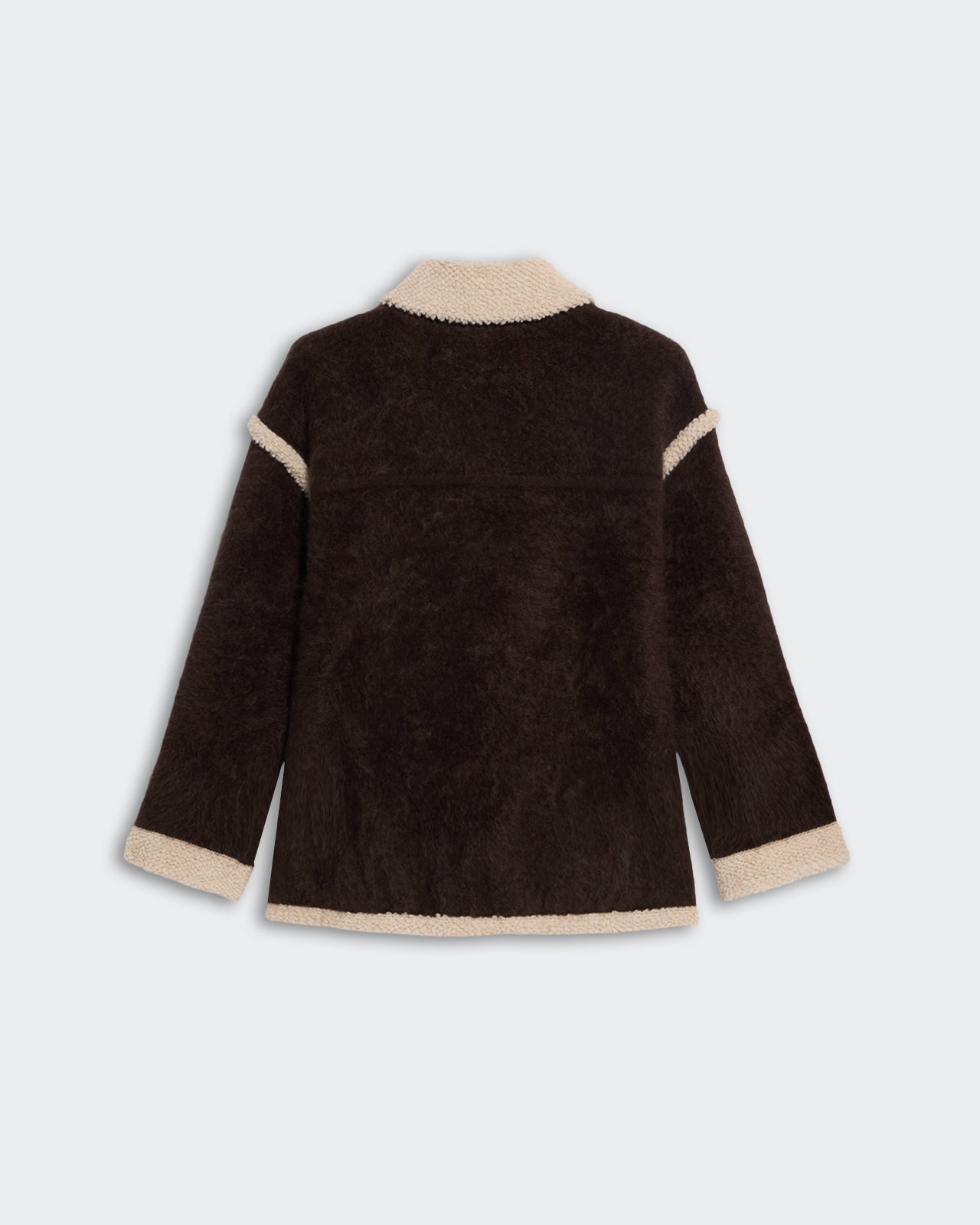 Grizzly Jacket - Burnt Cocoa/Oatmeal shown from back with soft textured fabric and contrast oatmeal trim on cuffs and collar.