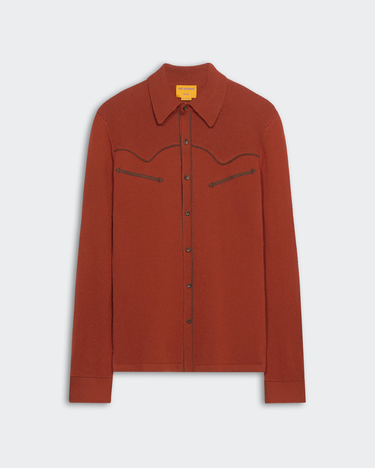Western Button Up Shirt Cinnamon unisex cashmere button-up with vegan suede details and Western-inspired yoke design.