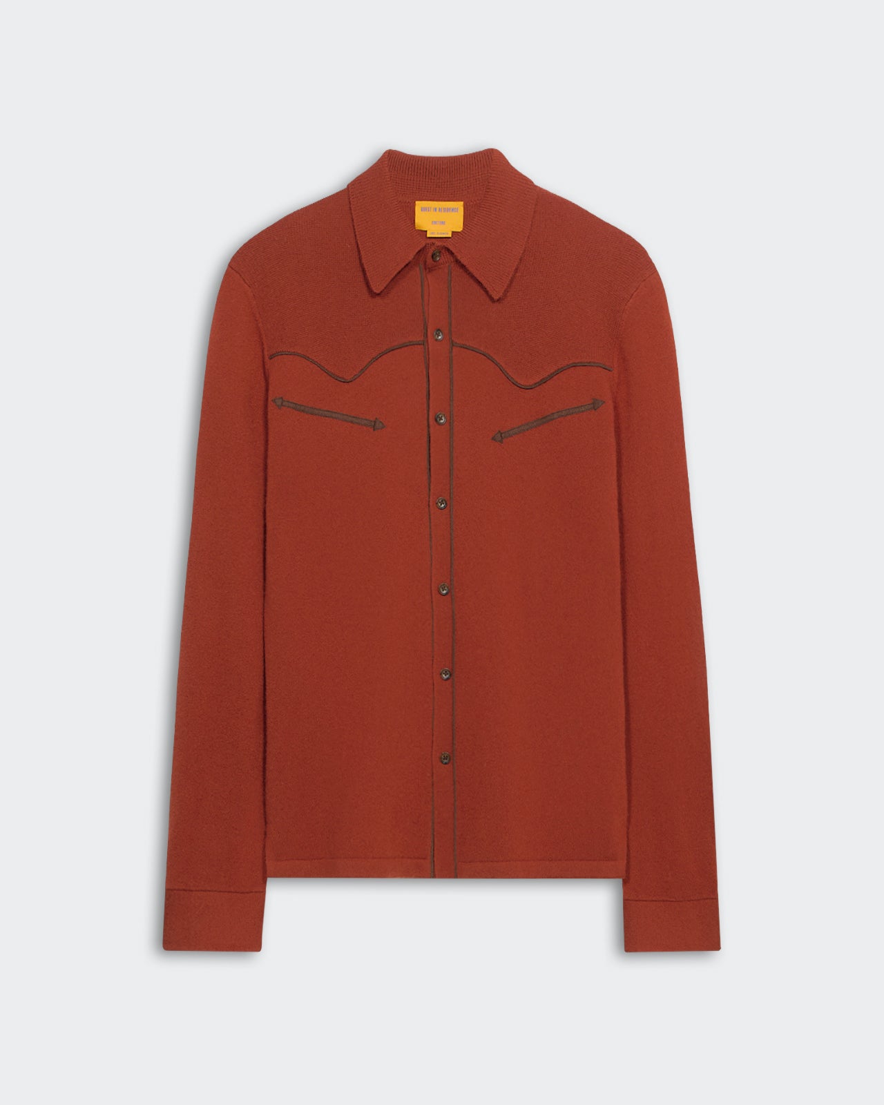 Western Button Up Shirt Cinnamon unisex cashmere button-up with vegan suede details and Western-inspired yoke design.