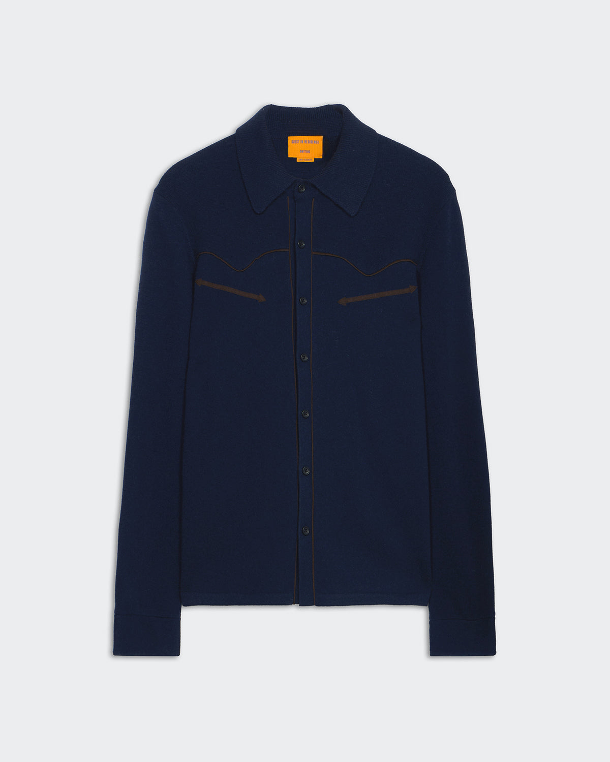 Western Button Up Shirt - Midnight in navy cashmere with vegan suede piping and faux pockets, lightweight and unisex design.