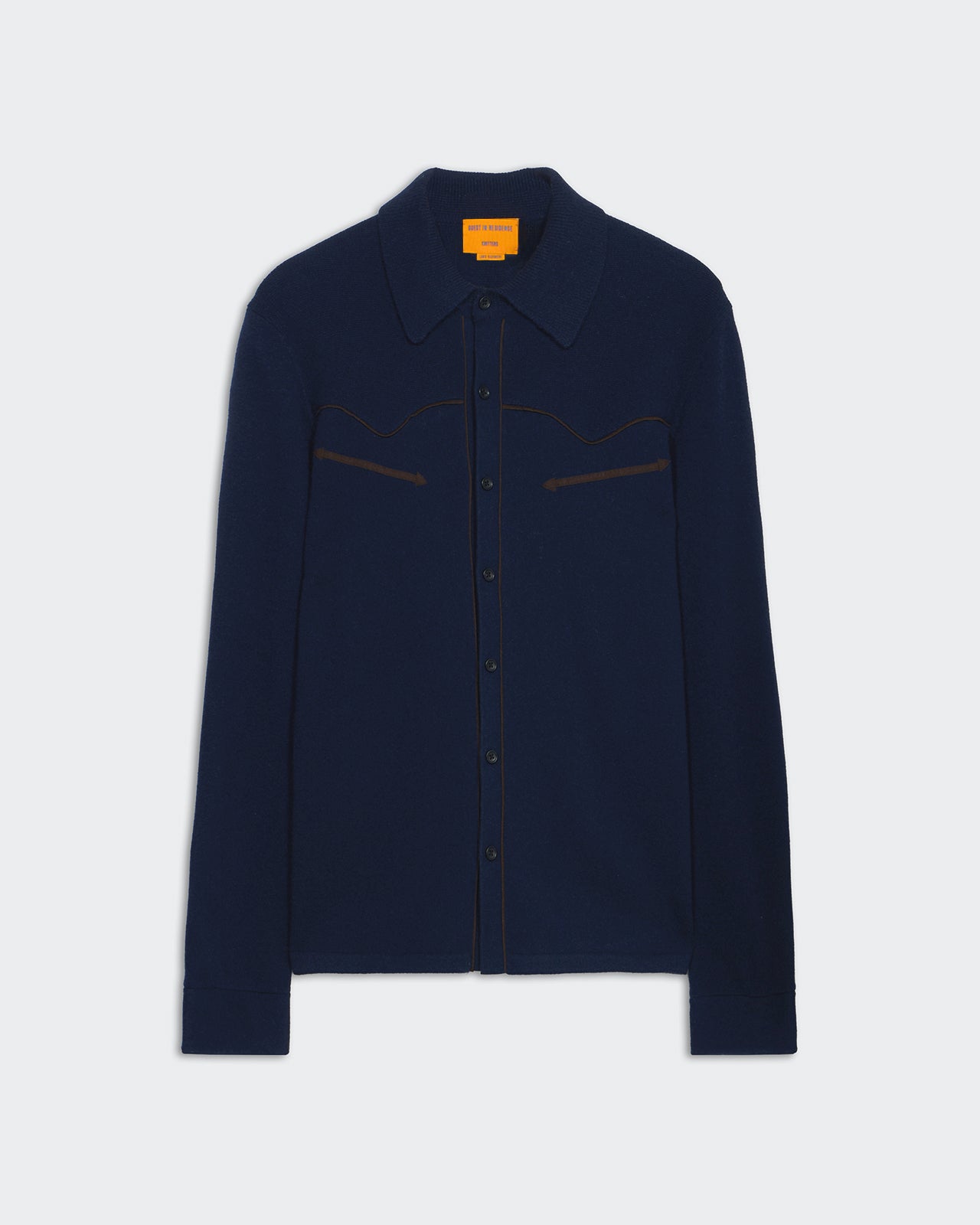 Western Button Up Shirt - Midnight in navy cashmere with vegan suede piping and faux pockets, lightweight and unisex design.