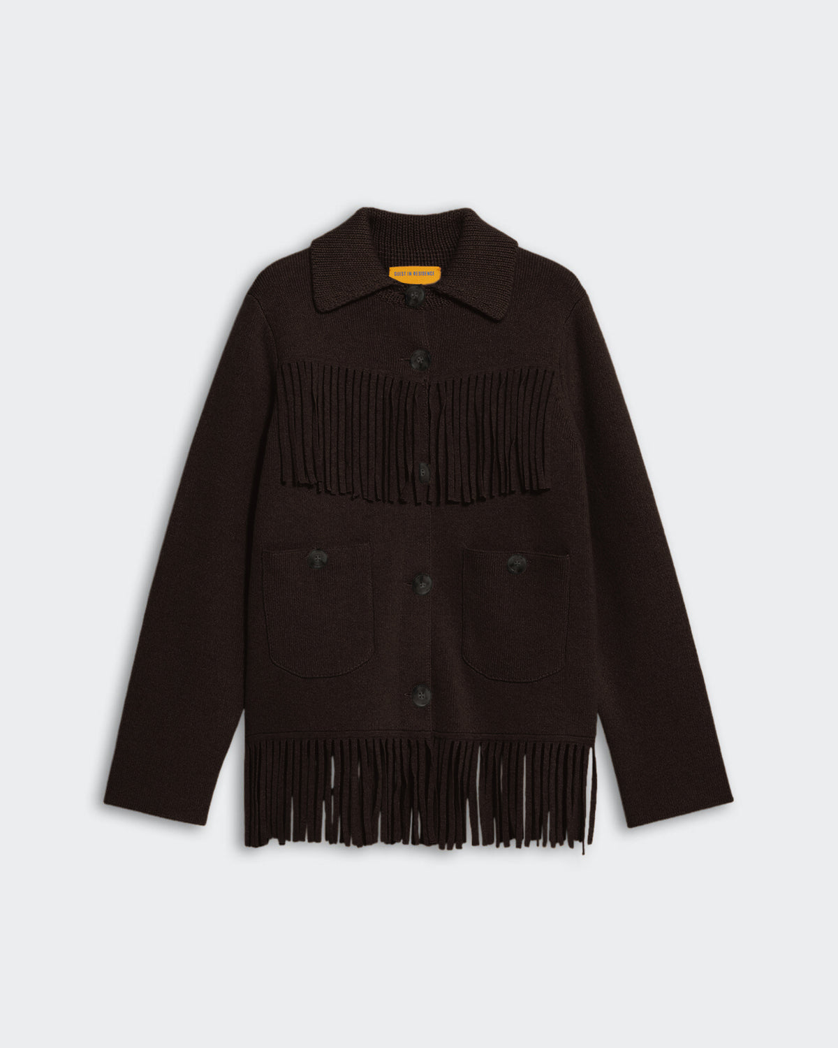 Burnt cocoa western fringe jacket with cashmere blend, button closure, front pockets, and knitted fringe at yoke and hem.