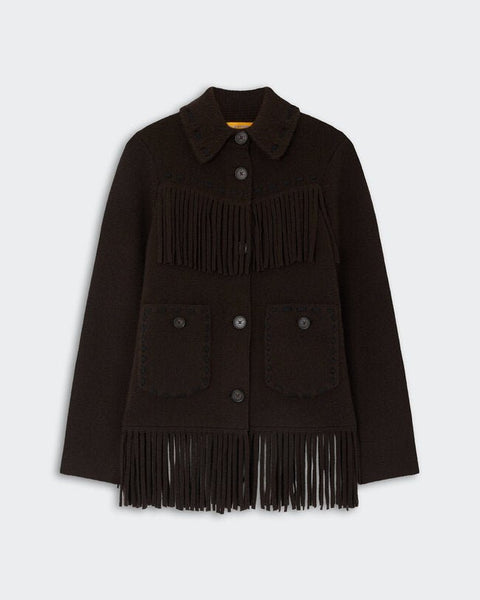 Western Fringe Jacket - Burnt Cocoa in deep brown with fringe detailing across the chest and hem, button-up front, collar, and two front patch pockets.