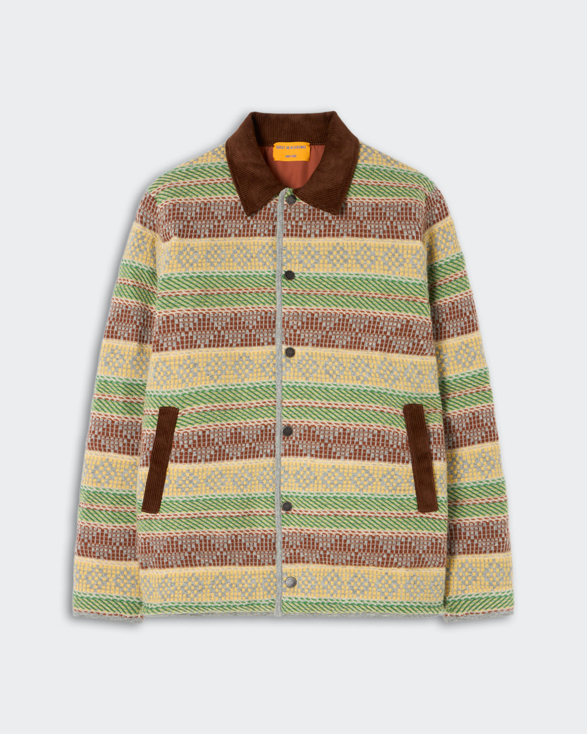 Western Industry Jacket - Canopy Combo featuring a button-up front, multicolor striped pattern with green, brown, and yellow hues, and dark brown collar and pocket accents.