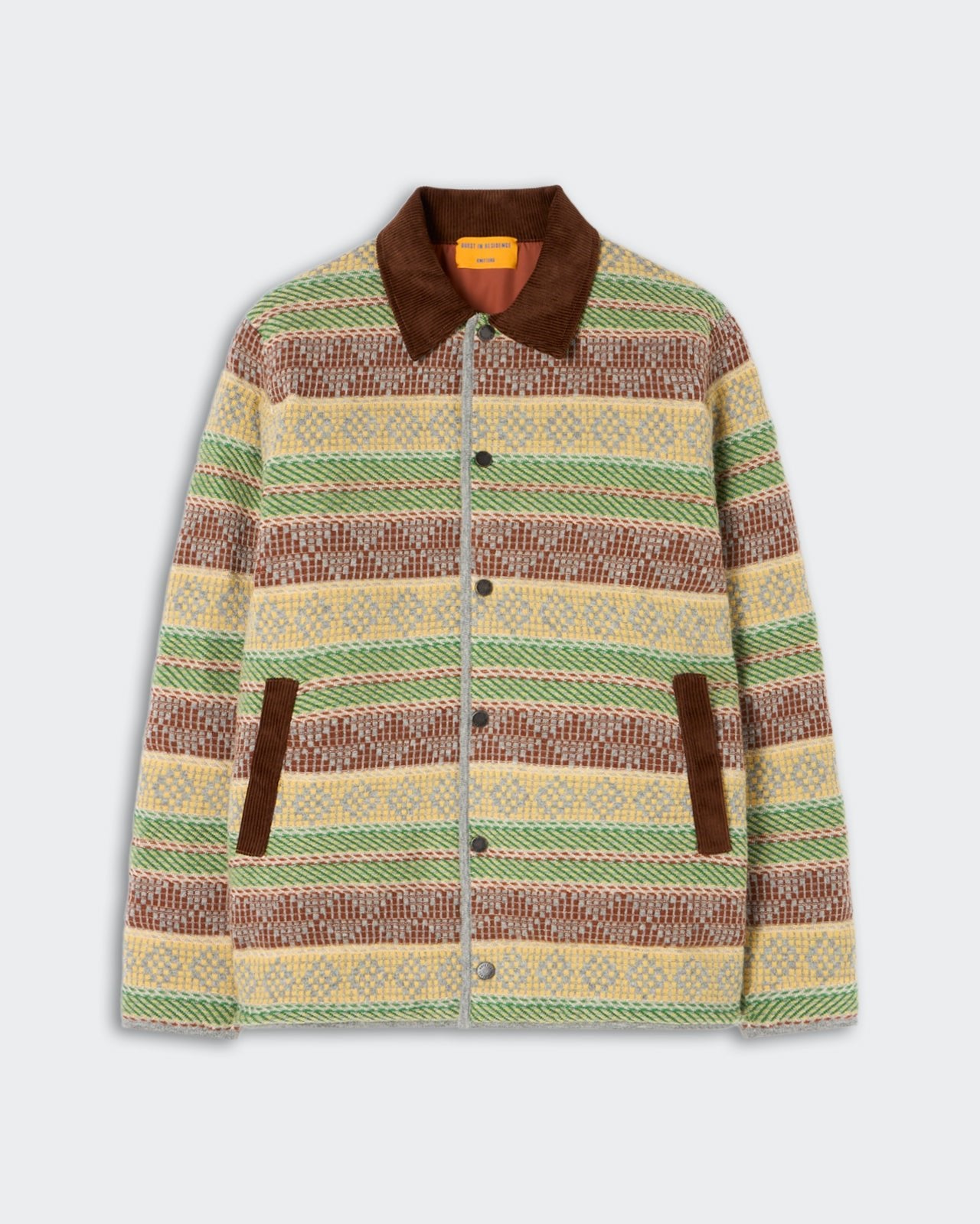 Western Industry Jacket - Canopy Combo featuring a button-up front, multicolor striped pattern with green, brown, and yellow hues, and dark brown collar and pocket accents.
