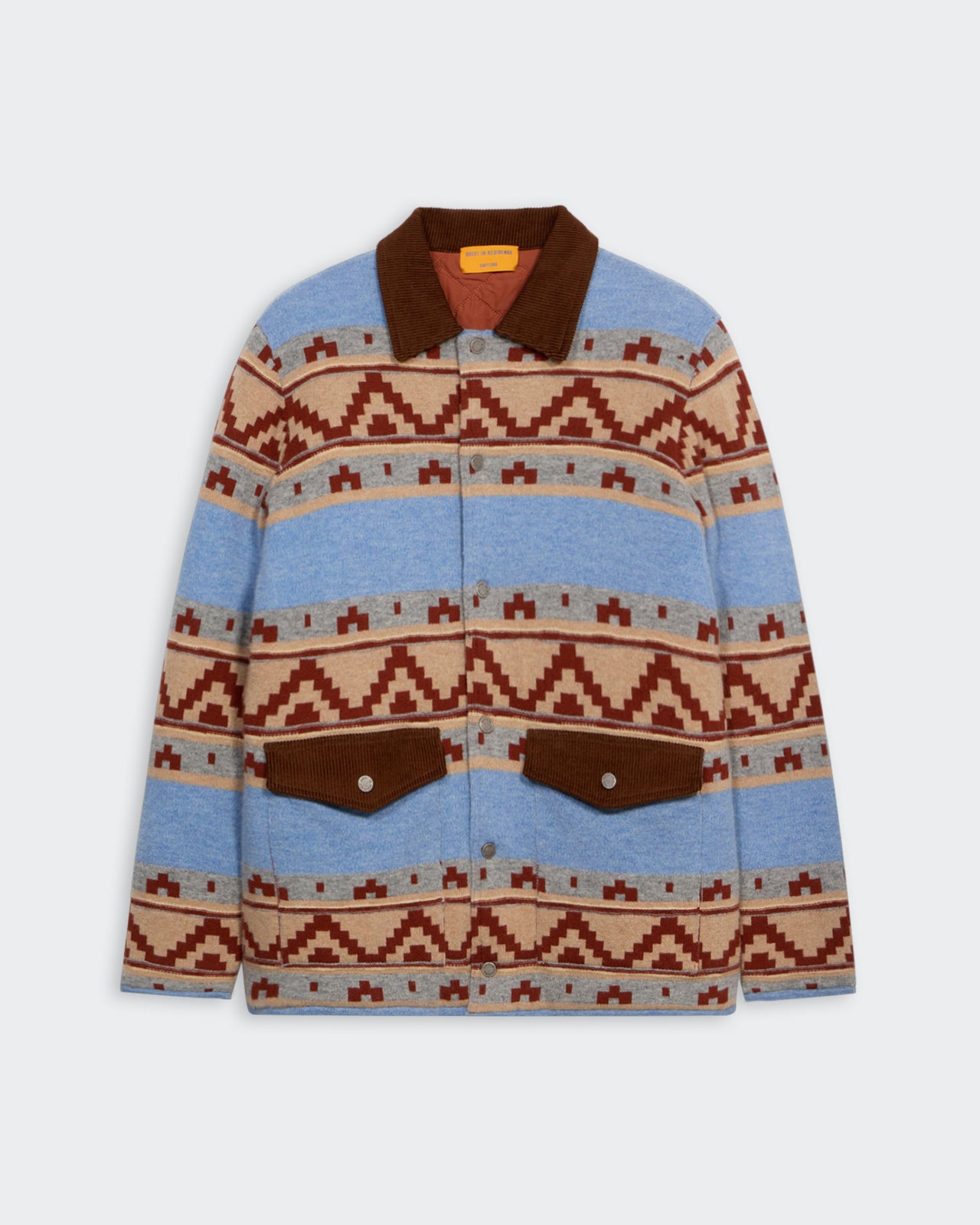 Western Industry Jacket - Heather Blue Combo unisex quilted jacket with corduroy collar and geometric knit design