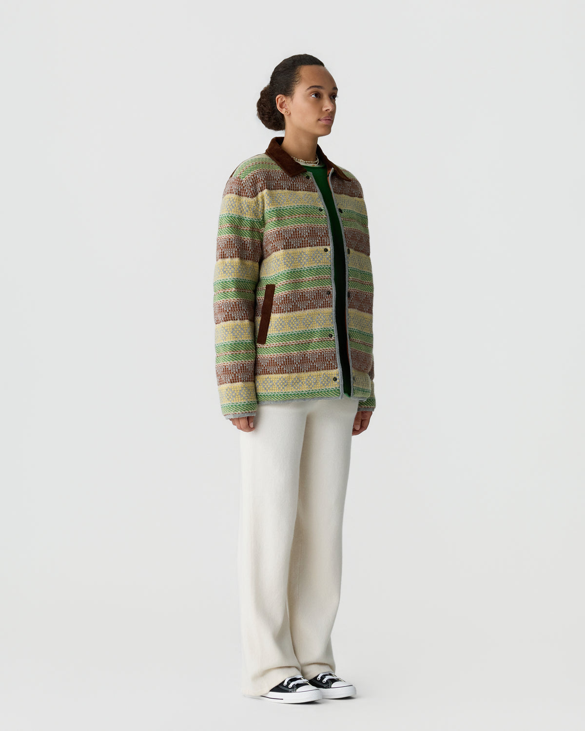 Person wearing a green, brown, and beige striped knit jacket with a collar, white wide-leg pants, and black and white sneakers, standing against a plain background.