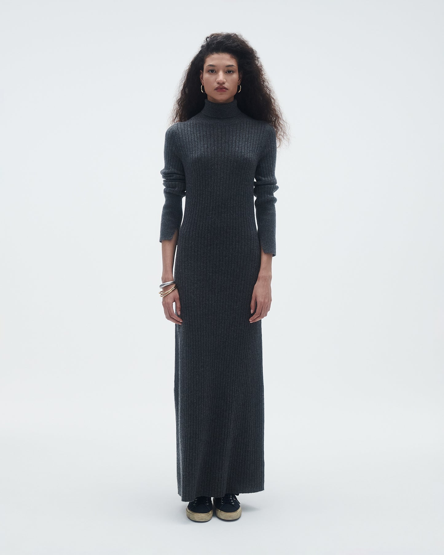 Wide Rib Turtleneck Dress In Cashmere - Charcoal