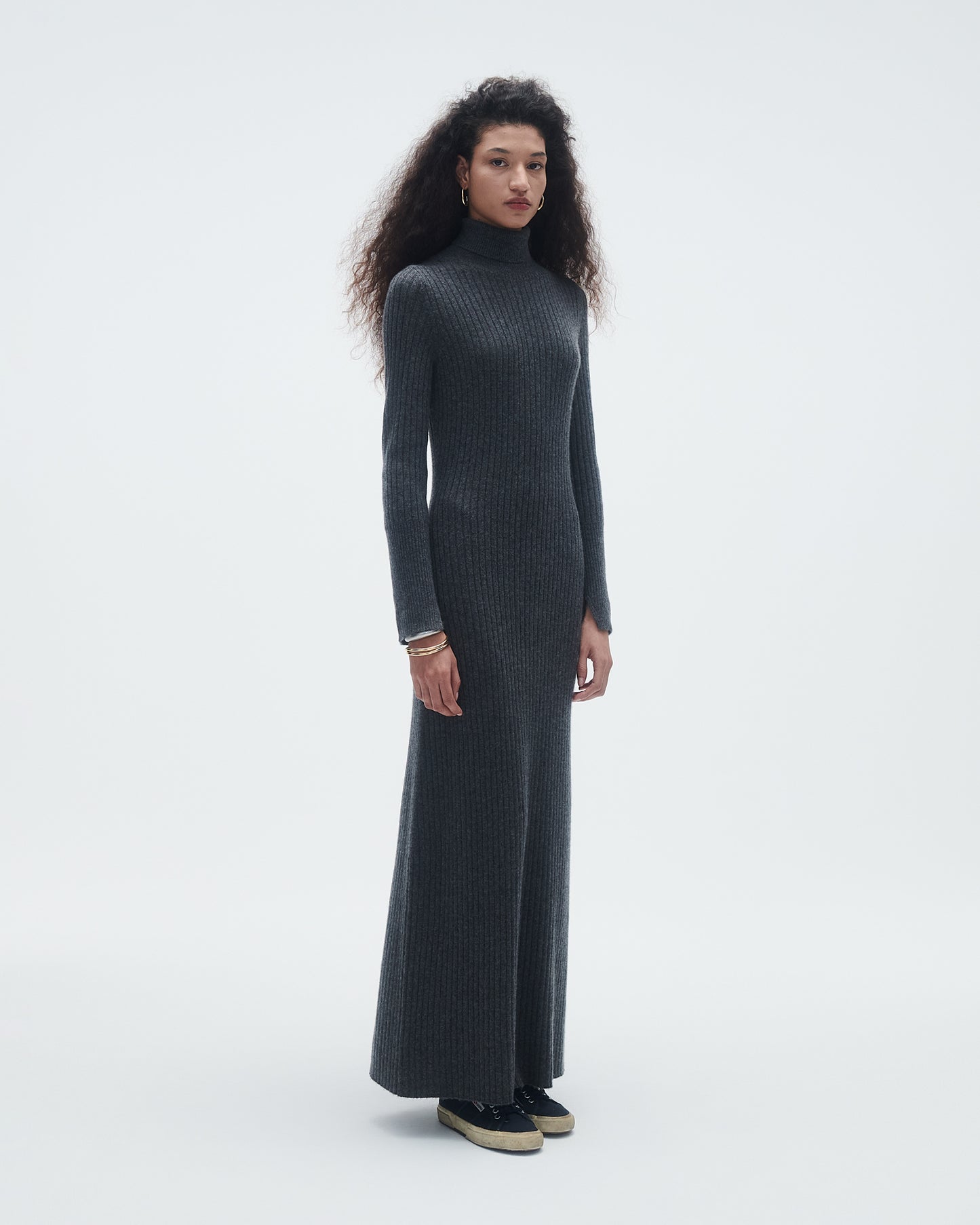 Wide Rib Turtleneck Dress In Cashmere - Charcoal