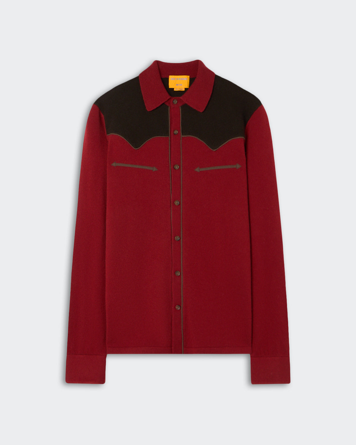 Long-sleeve button-up shirt in deep red with a contrasting dark brown yoke and collar, featuring two arrow-shaped decorative details on the chest area.
